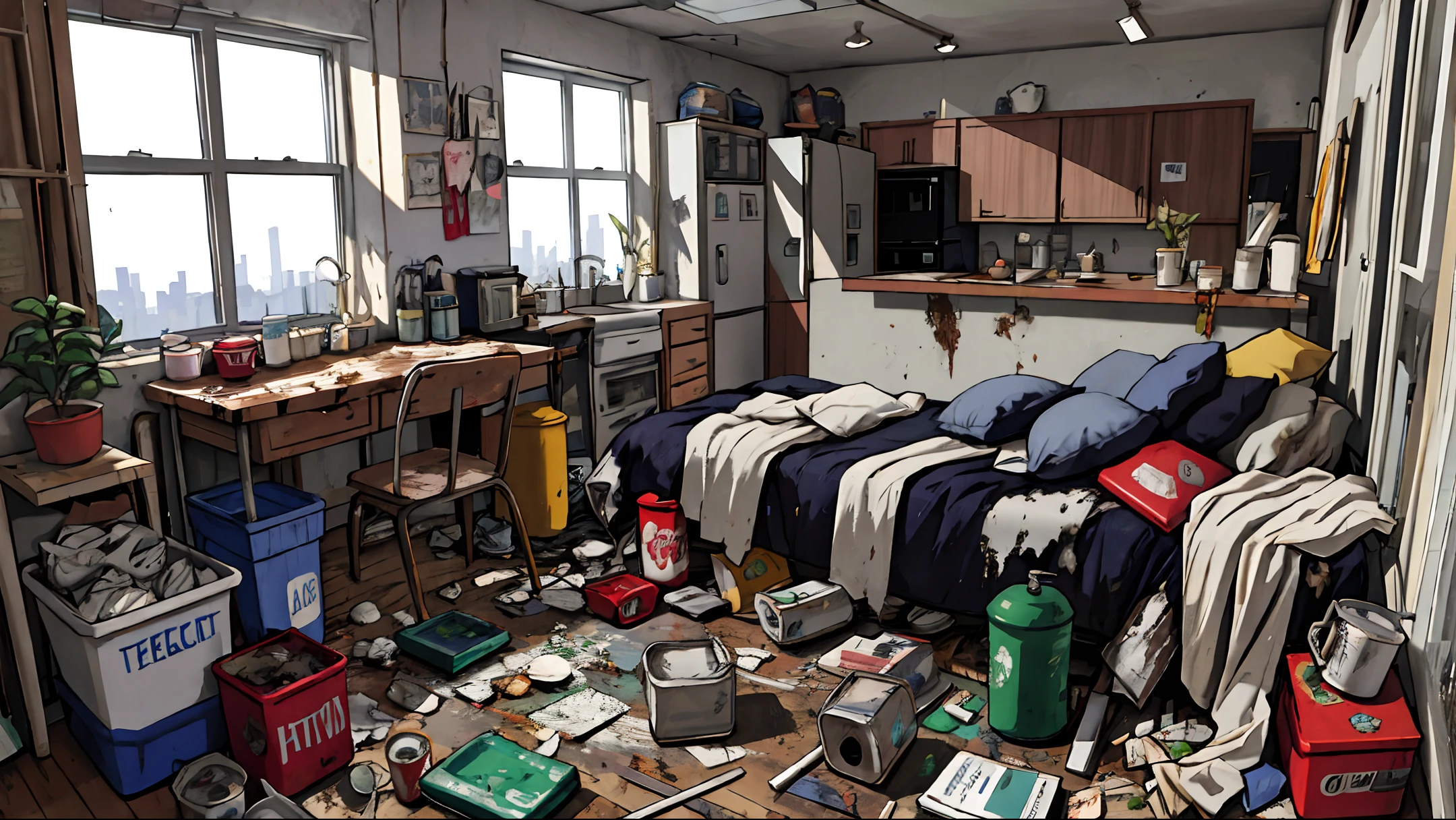 messy room, garbage, masterpiece, realistic, ultra detailed, absurdres, (dynamic lighting:1.2), no humans, indoor, city, apartment, large window, table, lie around, dirty dishs, empty cans, cups, mugs, glasses, dirty dishs, (sofa, chair, curtain, foliage plant, rug, after eating, building:0.7)