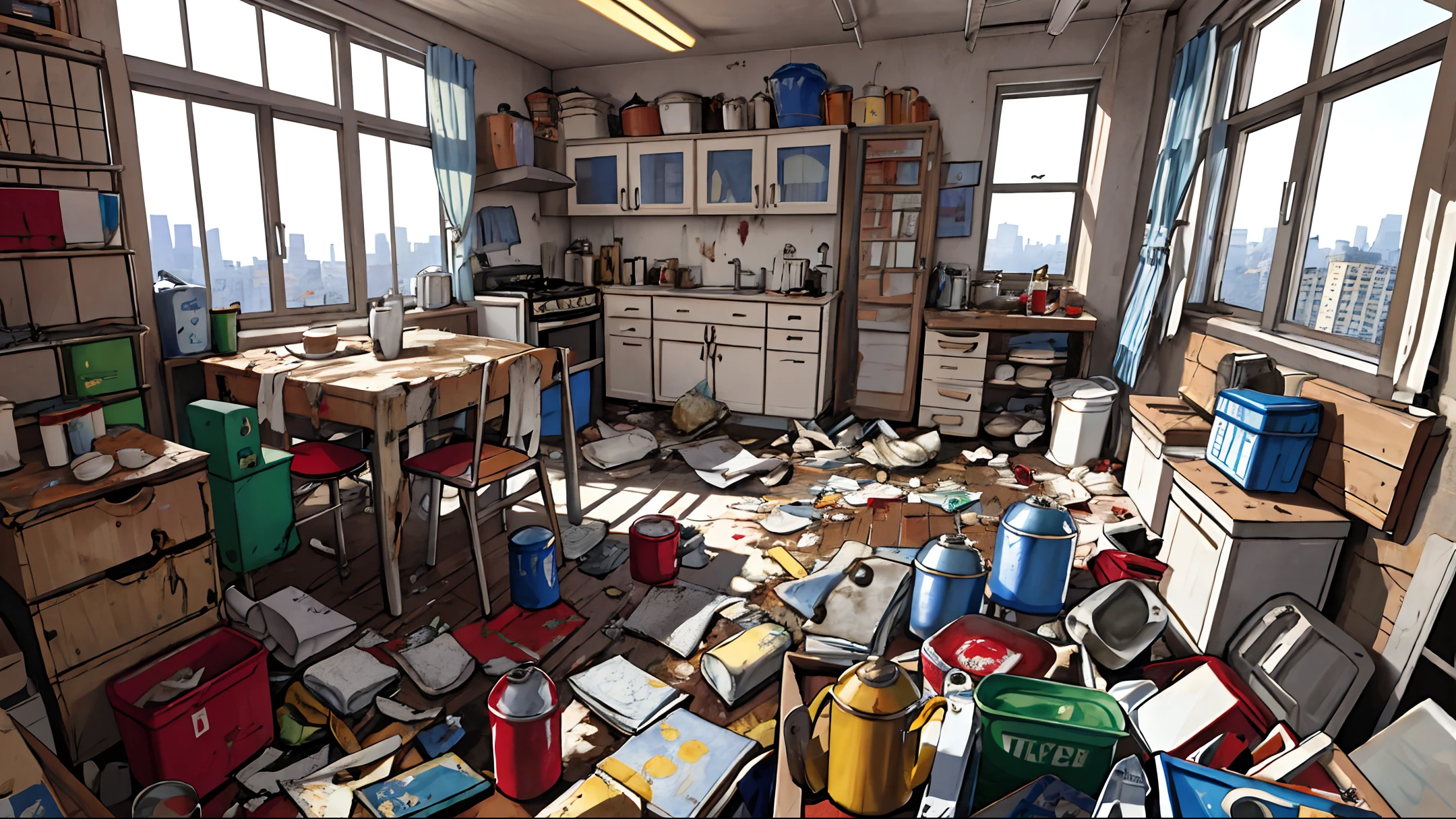 messy room, garbage, masterpiece, realistic, ultra detailed, absurdres, (dynamic lighting:1.2), no humans, indoor, city, apartment, large window, table, lie around, dirty dishs, empty cans, cups, mugs, glasses, dirty dishs, (sofa, chair, curtain, rug, after eating, building:0.7)