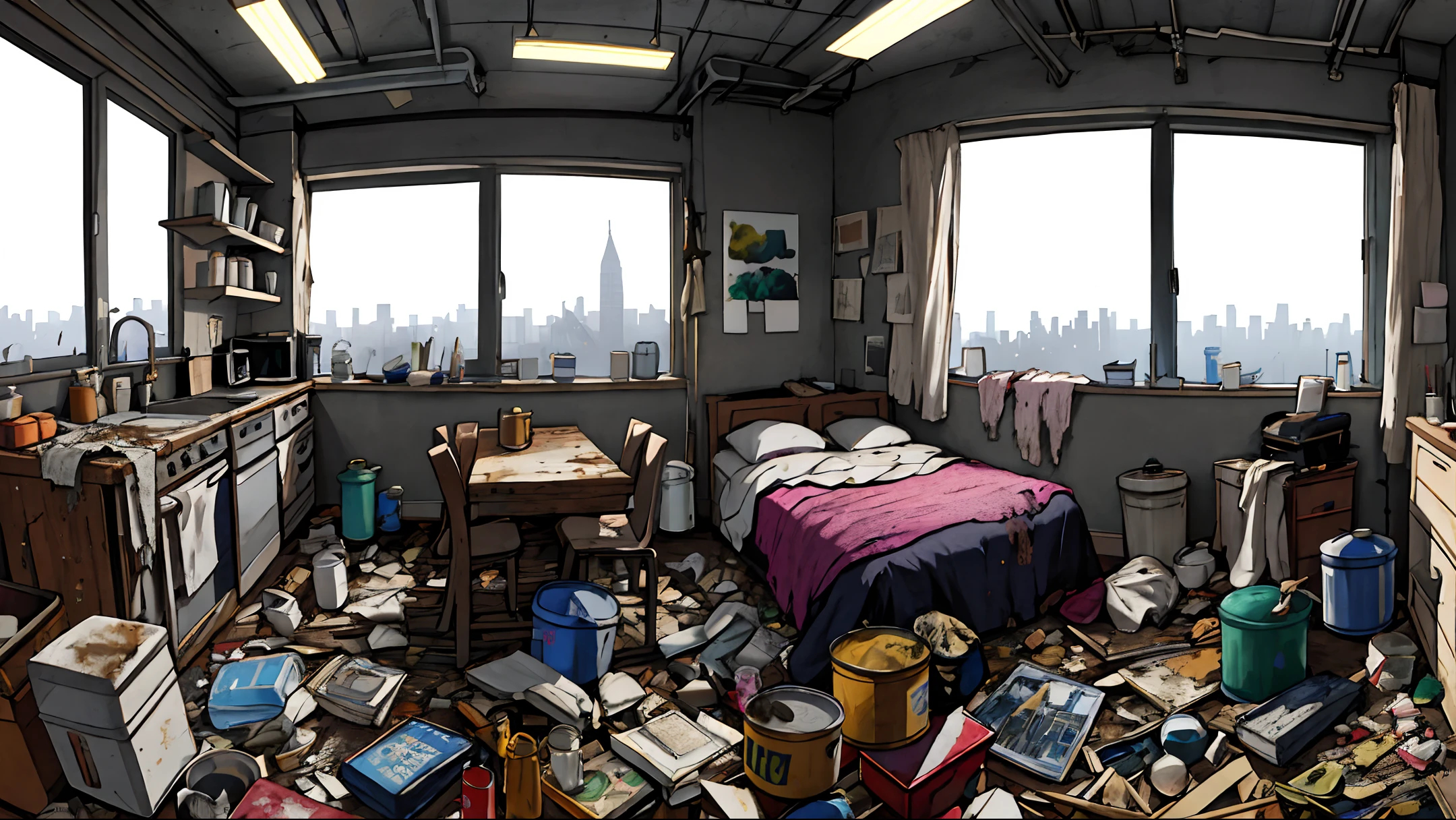 messy room, garbage, masterpiece, realistic, ultra detailed, absurdres, (dynamic lighting:1.2), no humans, indoor, city, apartment, large window, table, lie around, dirty dishs, empty cans, cups, mugs, glasses, dirty dishs, (sofa, chair, curtain, rug, after eating, building:0.7)