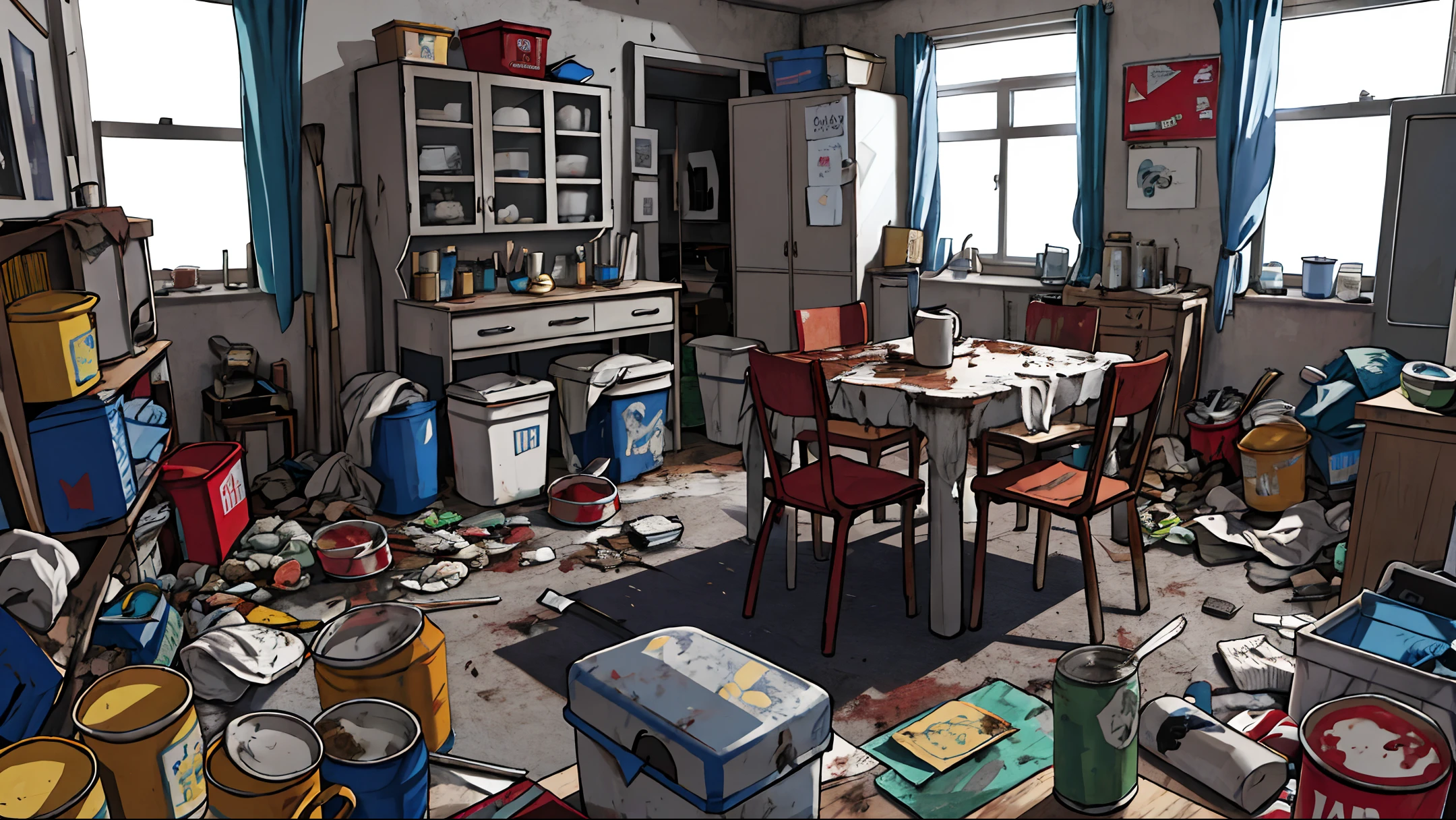 messy room, masterpiece, realistic, ultra detailed, absurdres, (dynamic lighting:1.2), no humans, indoor, city, apartment, large window, table, garbage, dirty dishs, empty cans, cups, mugs, glasses, dirty dishs, after eating, lie around, (sofa, chair, curtain, rug, bed, building:0.7)