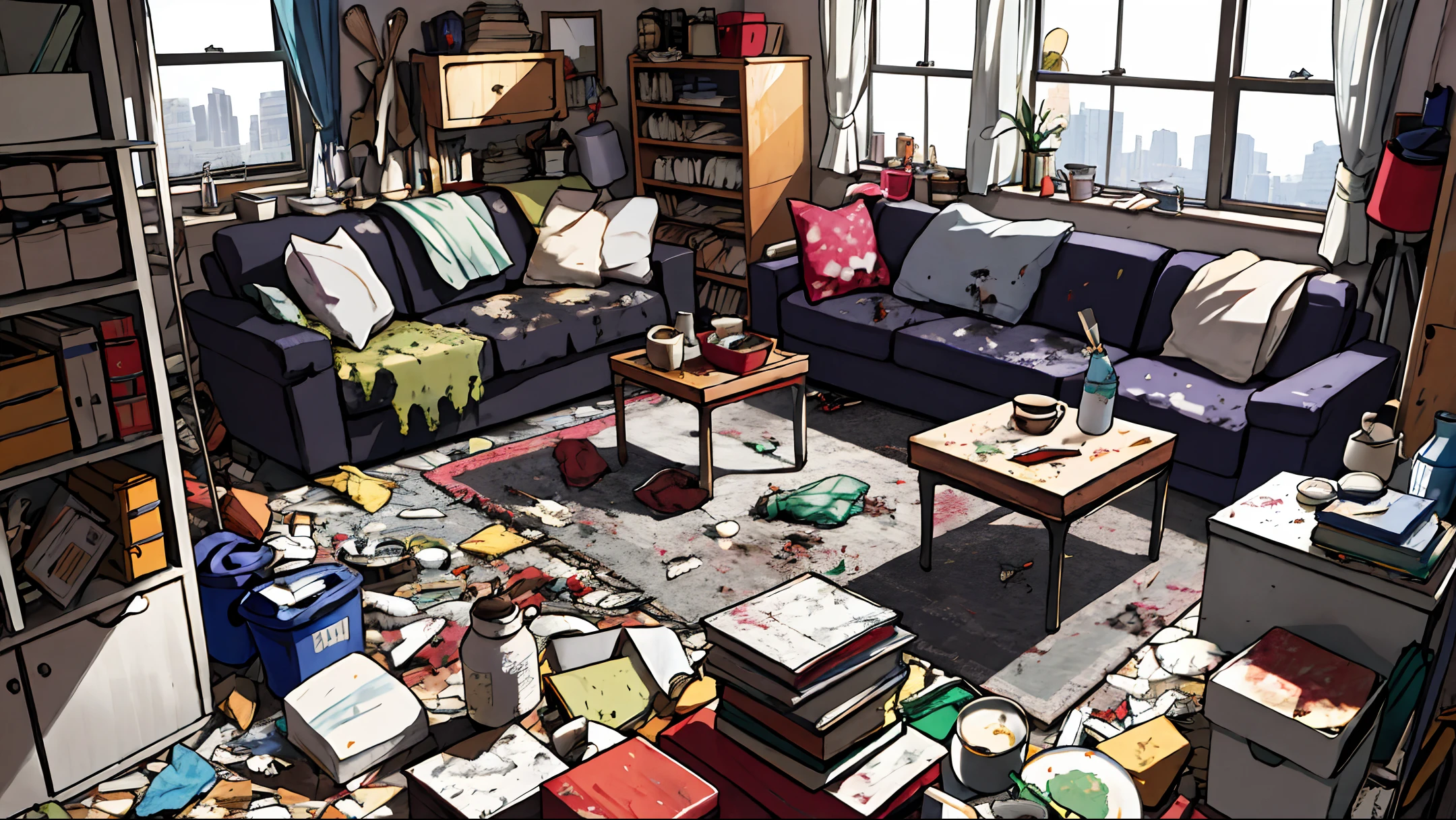 messy room, masterpiece, realistic, ultra detailed, absurdres, (dynamic lighting:1.2), no humans, indoor, city, apartment, large window, table, garbage, dirty dishs, cups, mugs, glasses, dirty dishs, after eating, lie around, (empty cans, sofa, chair, curtain, rug, bed, building:0.7)