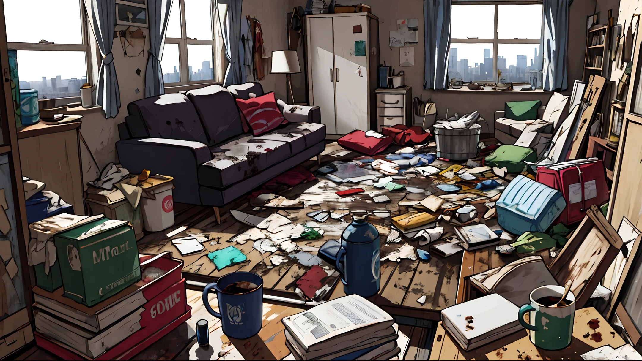 messy room, masterpiece, realistic, ultra detailed, absurdres, (dynamic lighting:1.2), no humans, indoor, city, apartment, large window, table, garbage, dirty dishs, cups, mugs, glasses, dirty dishs, after eating, lie around, (empty cans, sofa, chair, curtain, rug, bed, building:0.7)