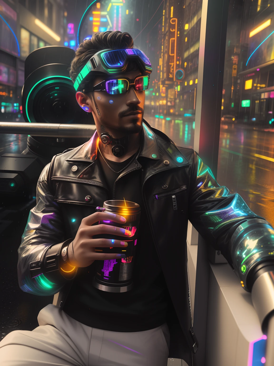 An award winning master piece photo of a cyborg man with psychedelic colors standing in a city street at night in the rain, 8k, (high quality:1.1), (cinematic feeling:1.1), dark deep shadows, incredibly intricate detailing, art , (up close:1.1), from above, looking at viewer, (light sparkles:1.1), (chromatic aberration,:1.2) background with floating light artifacts , neon-colored glowing background