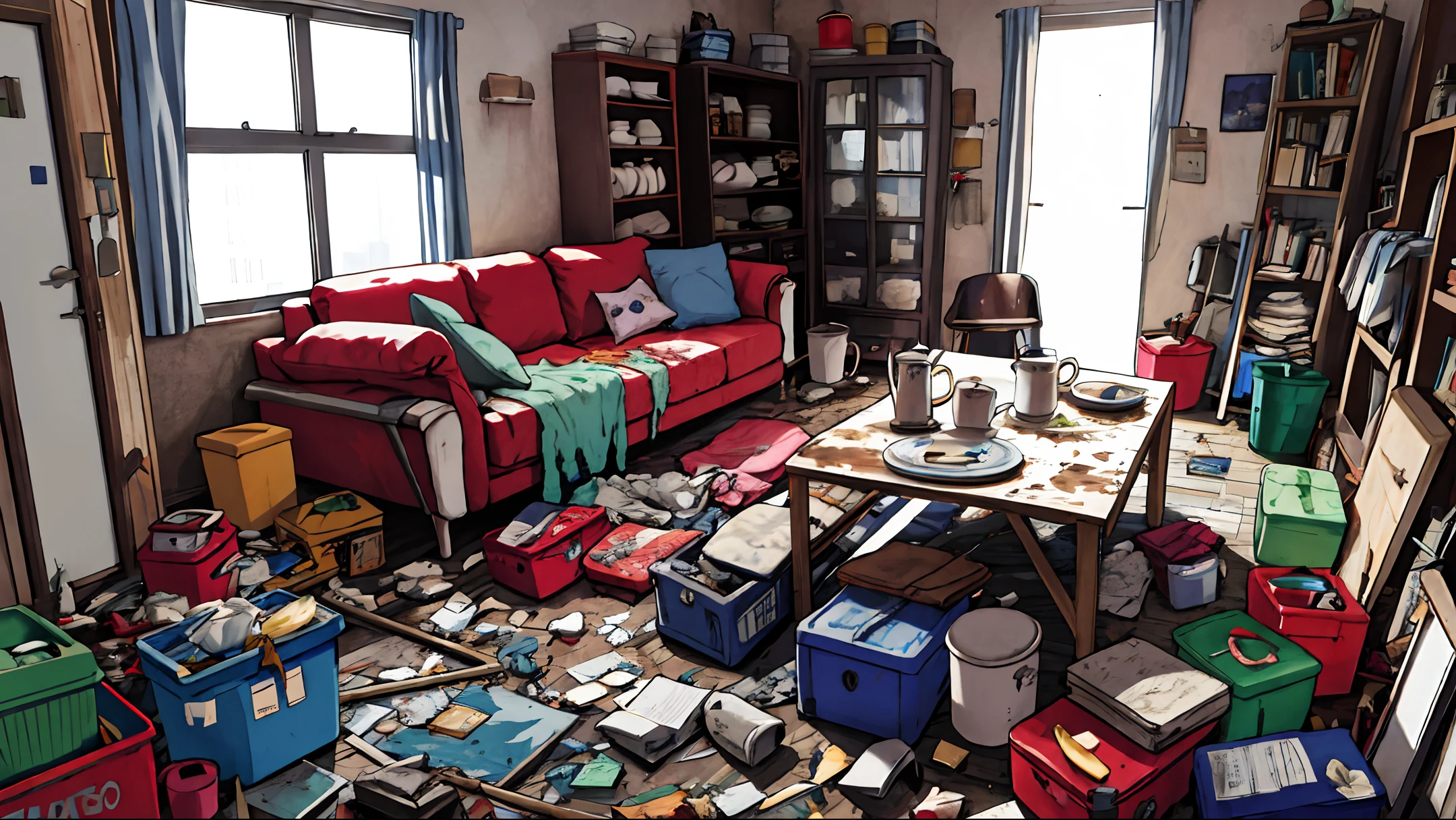 no humans, messy room, masterpiece, realistic, ultra detailed, absurdres, (dynamic lighting:1.2), indoor, city, apartment, table, dirty dishs, after eating, garbage, lie around, cups, mugs, glasses, (sofa, chair, curtain, empty cans, rug, bed, building:0.7)