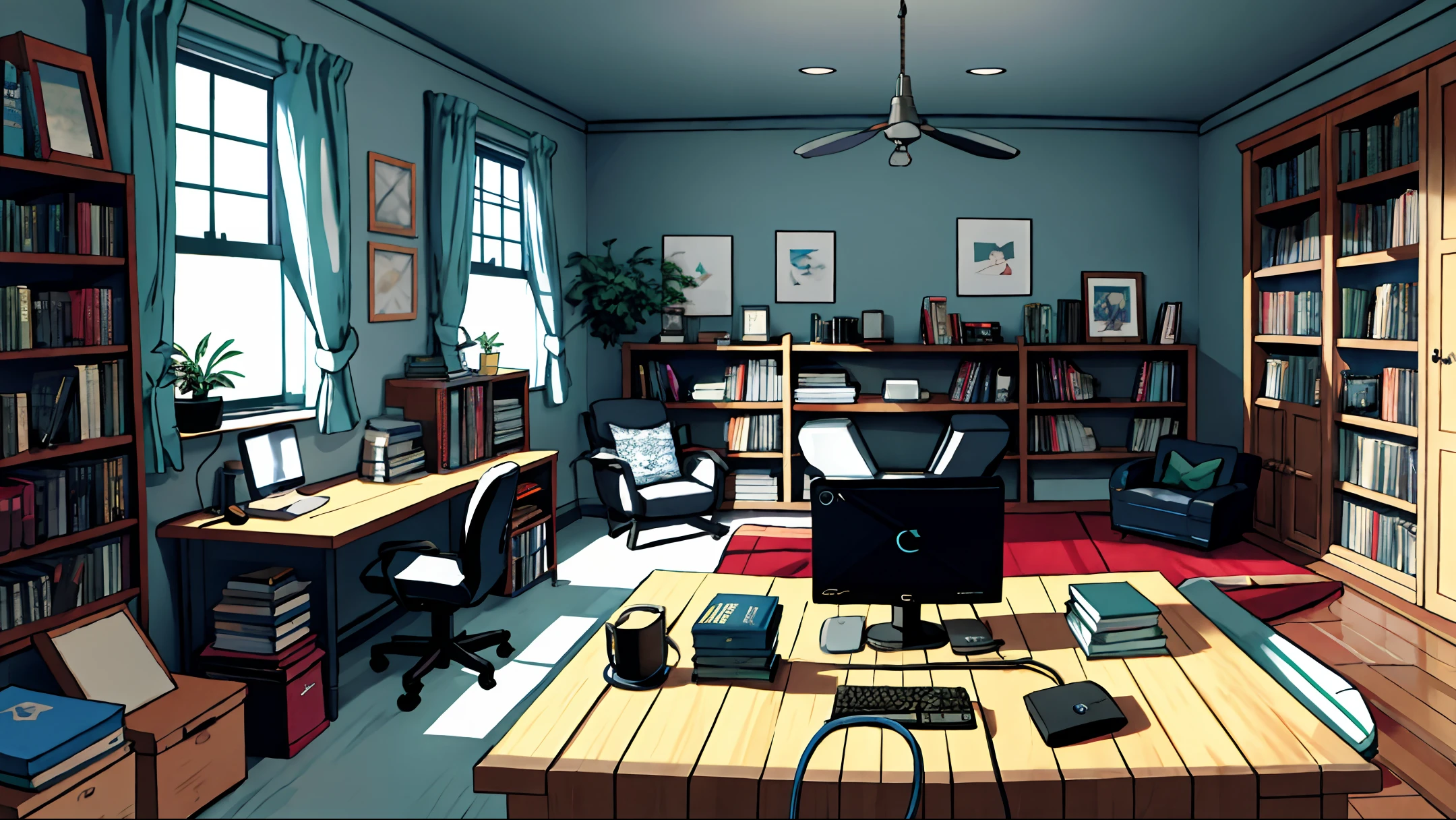 pc room, no humans, no window, masterpiece, realistic, ultra detailed, absurdres, (dynamic lighting:1.2), indoor, night, darkness, PC, monitors, lie around, cables, CD discs, books, indirect light, (sofa, chair, curtain, foliage plant, mug, empty cans, glasses, rug:0.7)