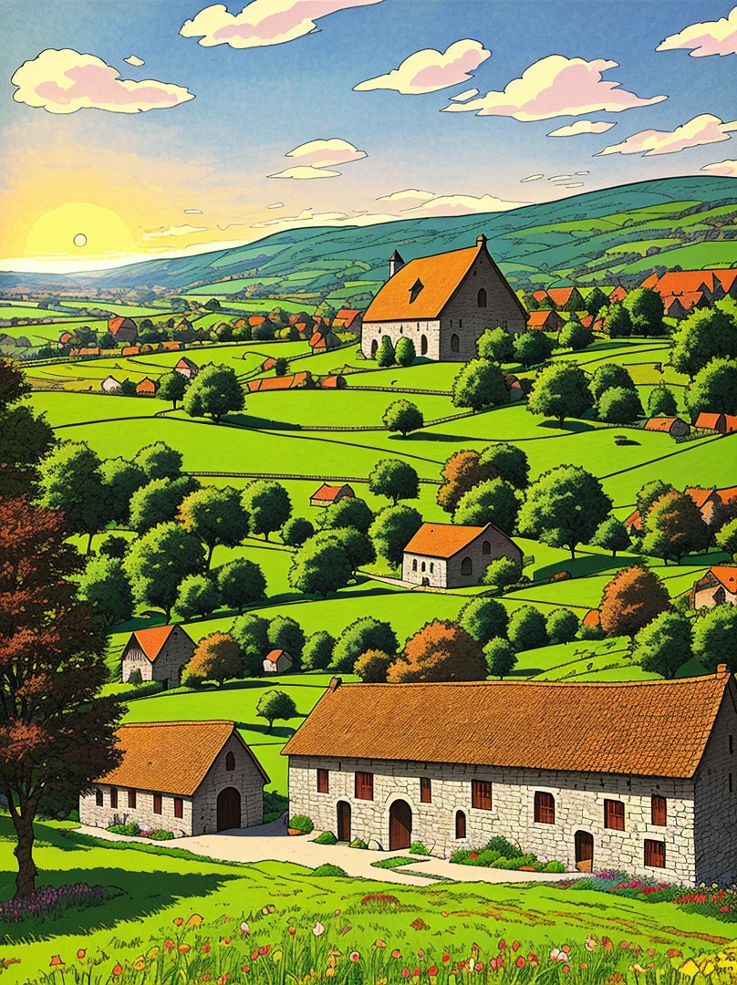 Line art in warm colours, a highly detailed illustration of an old medieval French stone barn with a red slate roof, summer, sunny afternoon, highly detailed, atmospheric, cinematic, (ligne claire, strong lines, no hatching), in the style of Franco-Belgian comics, in the style of fantasy comics, by Edgar P. Jacobs, by Herge, by Jacques Martin