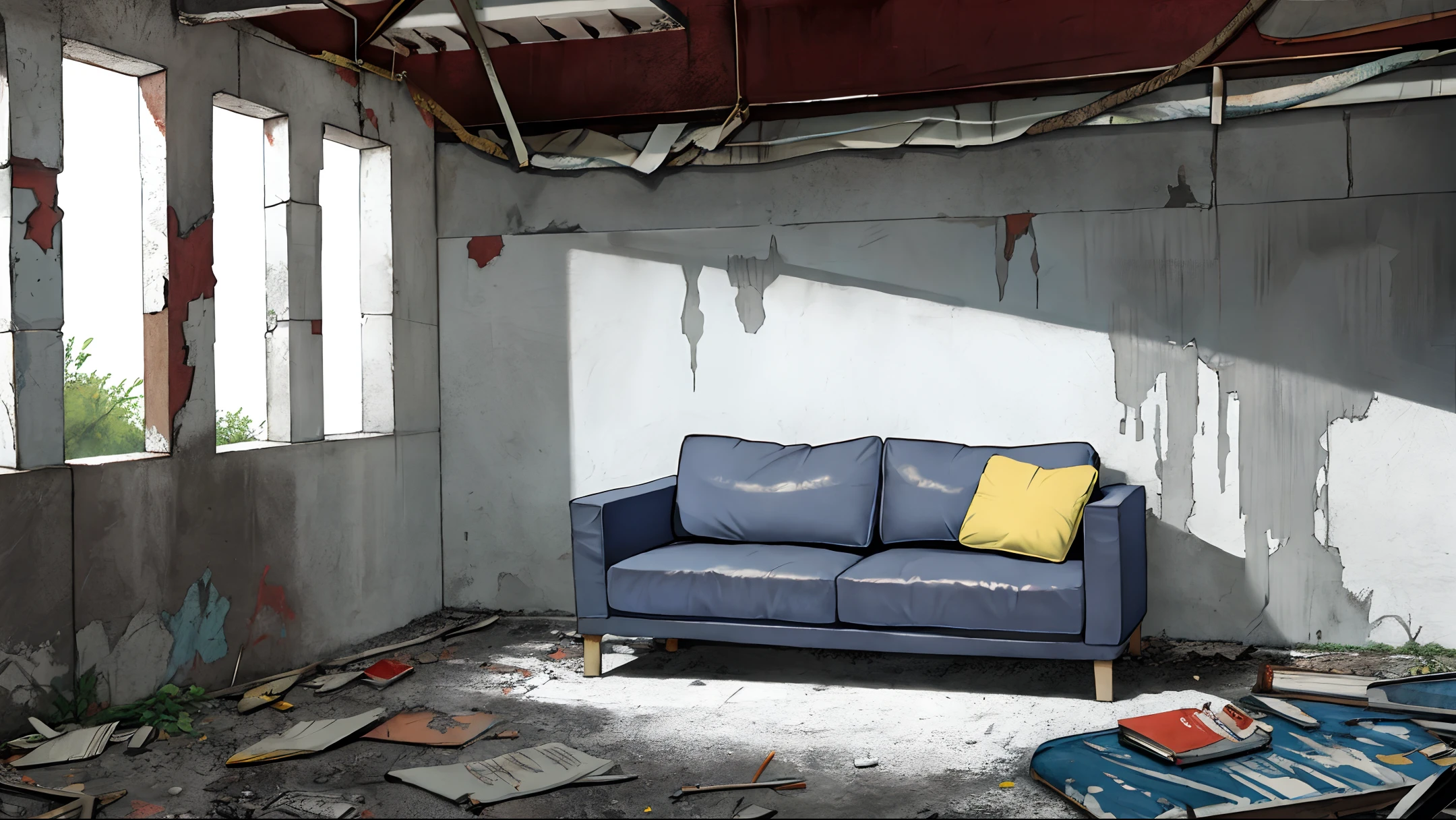 concrete wall, basement, abandoned, 1sofa