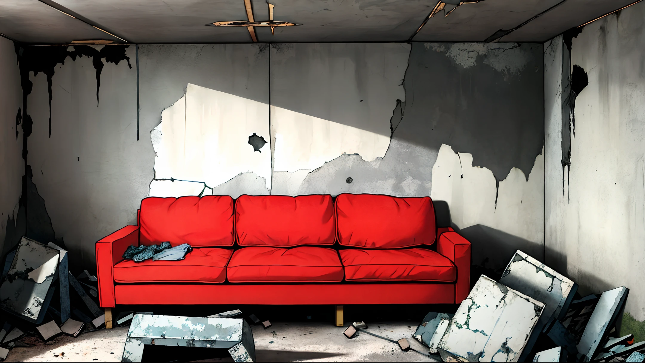 concrete wall, basement, abandoned, 1 broken sofa