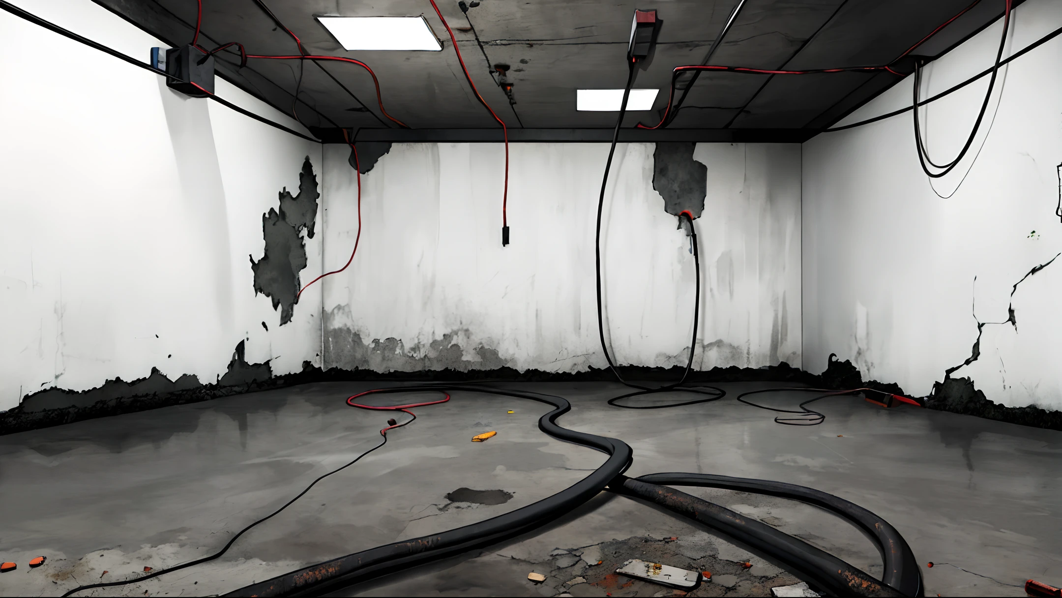 dark, concrete wall, basement, abandoned, black cables, entangled black cables, lots of black cables, electric breaker