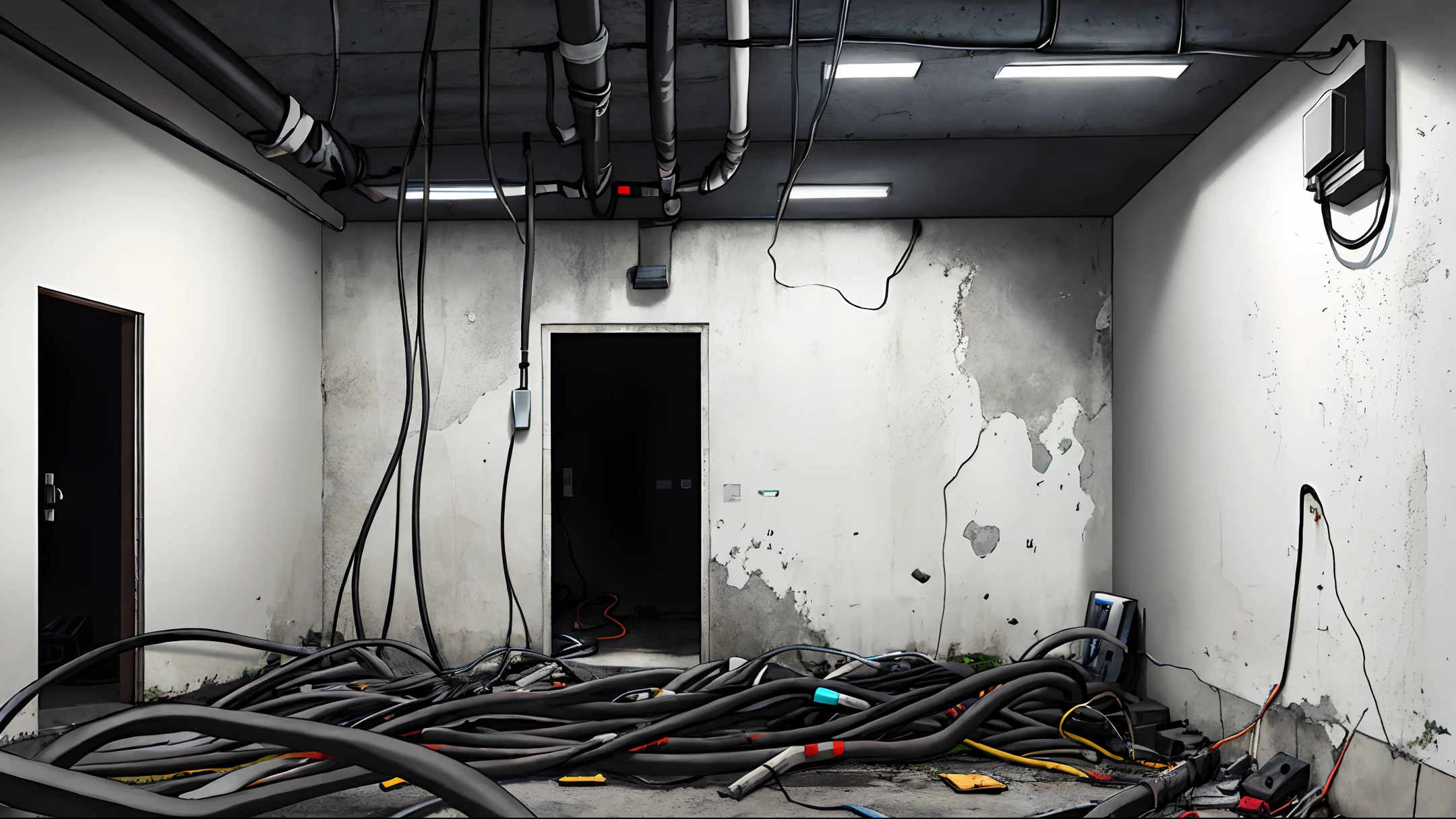 dark, concrete wall, basement, abandoned, electric breaker, black cables, entangled black cables, lots of black cables