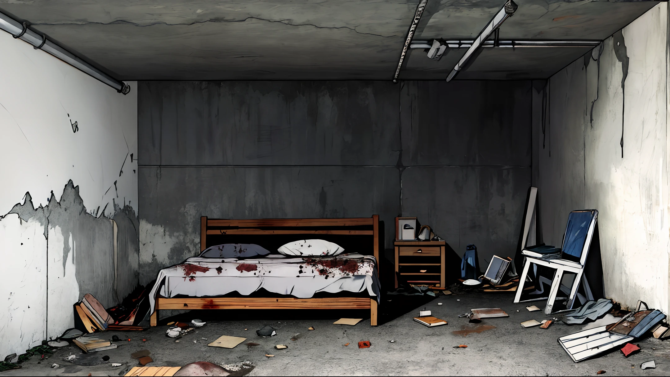 dark, concrete wall, basement, abandoned, dirty bed