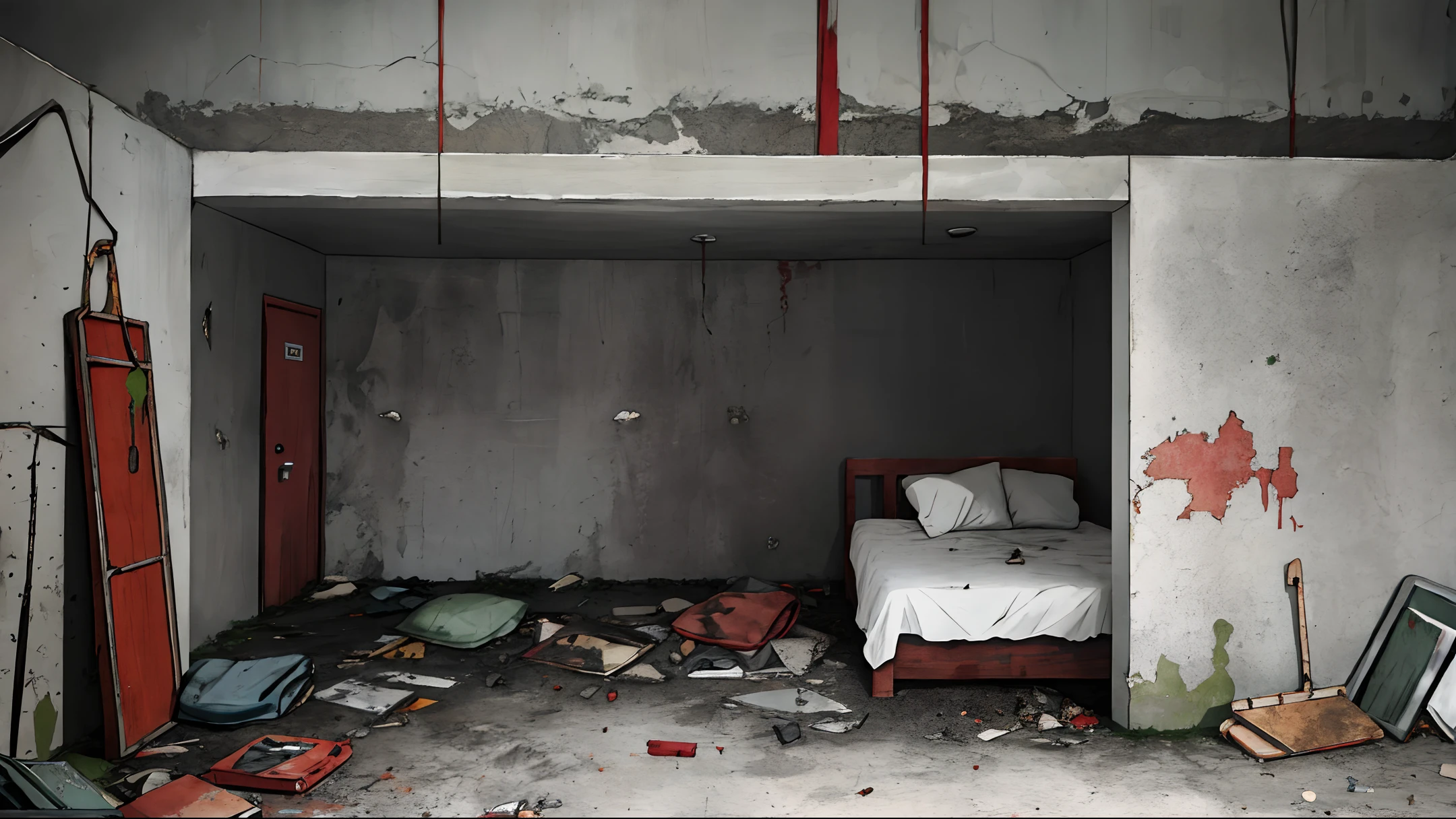 dark, concrete wall, basement, abandoned, grey dirty bed