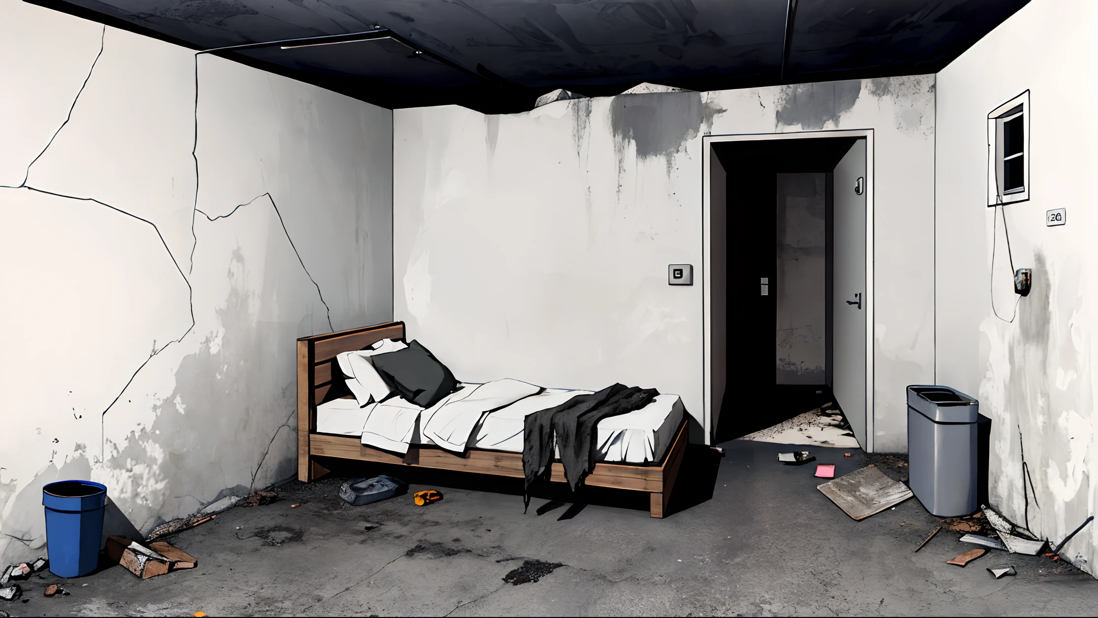 dark, concrete wall, basement, abandoned, dark grey dirty bed