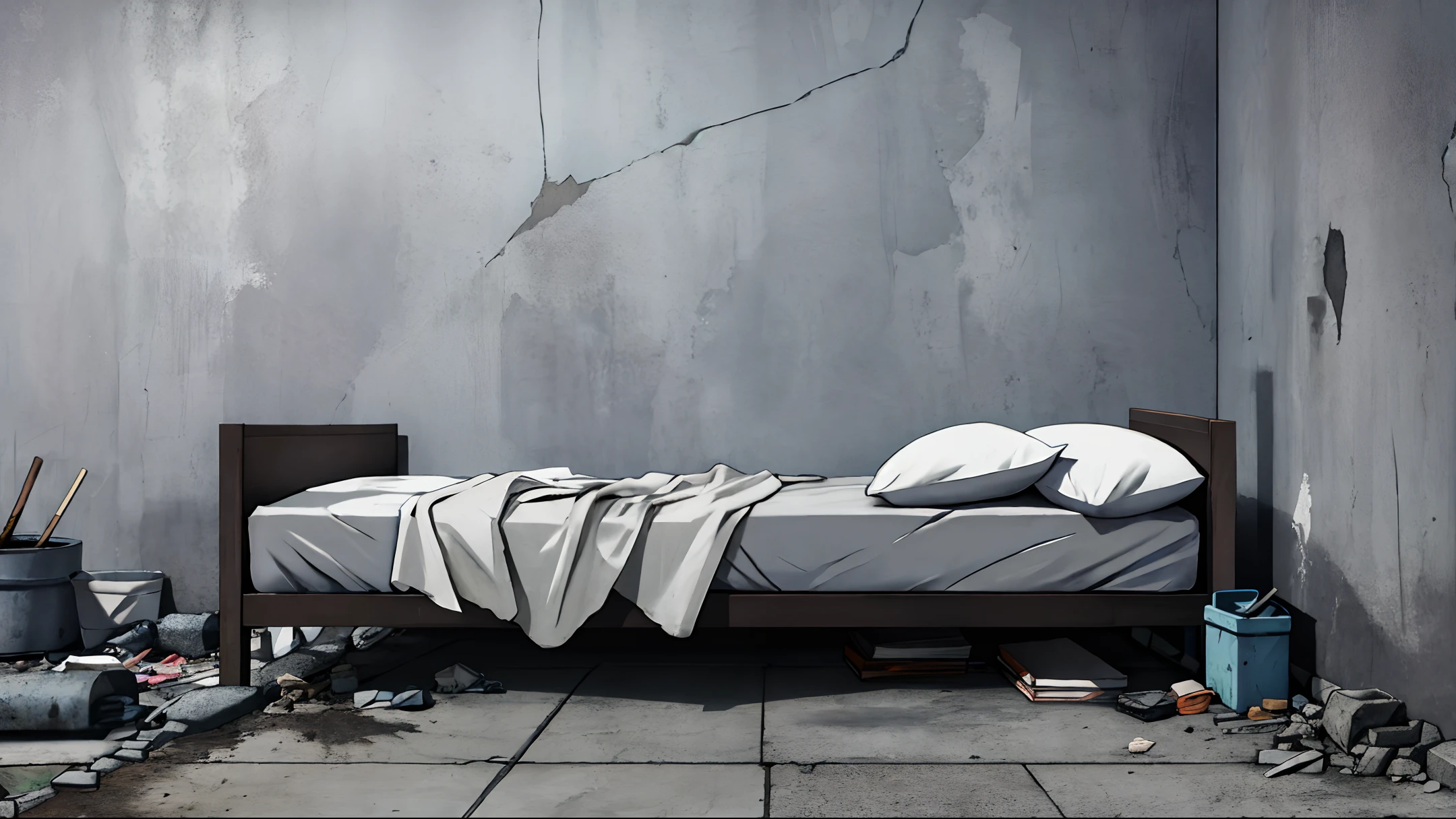 dark, concrete wall, basement, abandoned, dark grey dirty bed