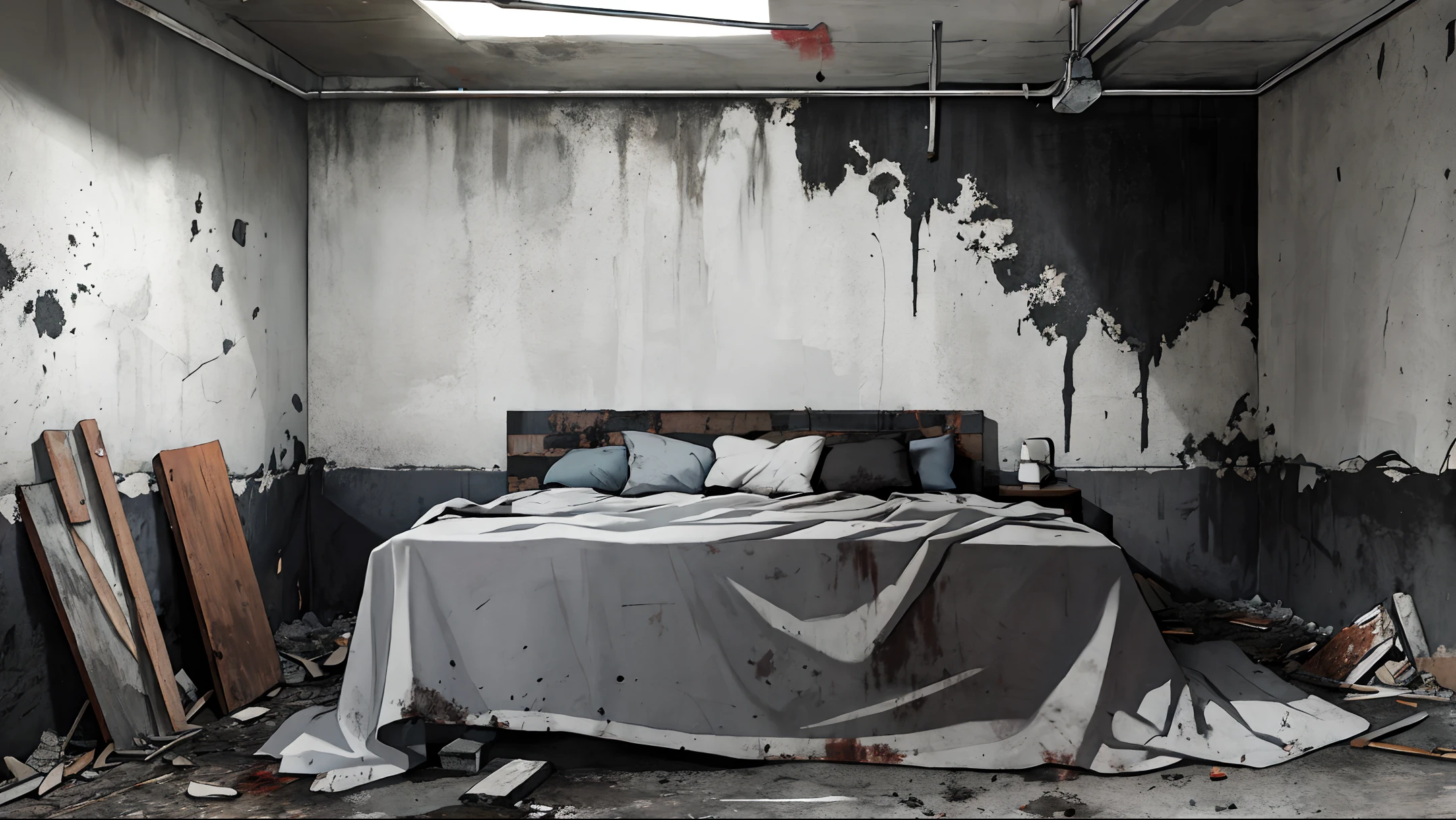 dark, concrete wall, basement, abandoned, black dirty bed