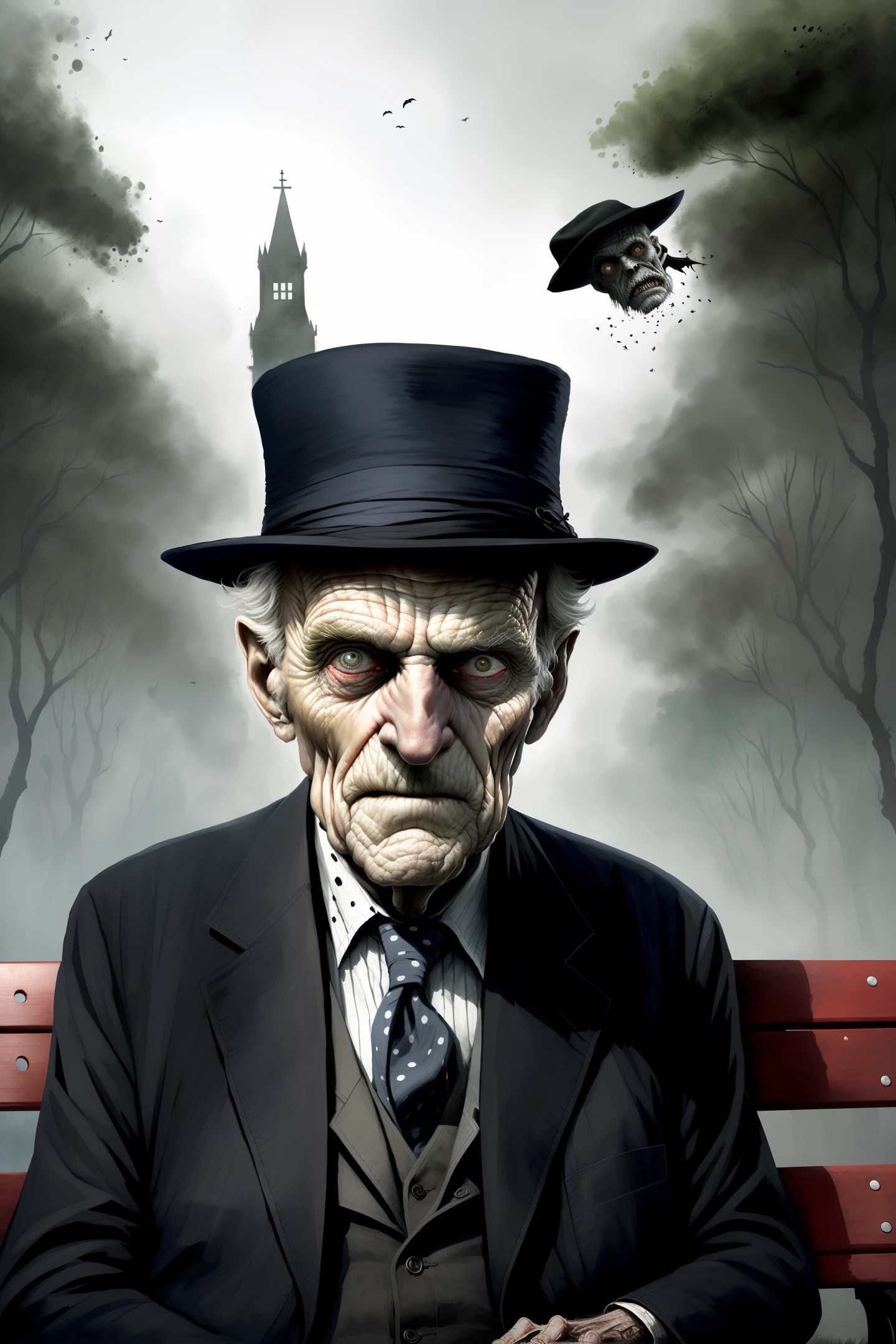 Best quality illustration, realistic and dark, (scary old man) | (elderly man), sitting on a park bench with a Panamanian hat, chess board in front, black spots around the eyes, with a dark and threatening look, (horror: 1,2, frightening: 1.1) by Greg Rutkowski.