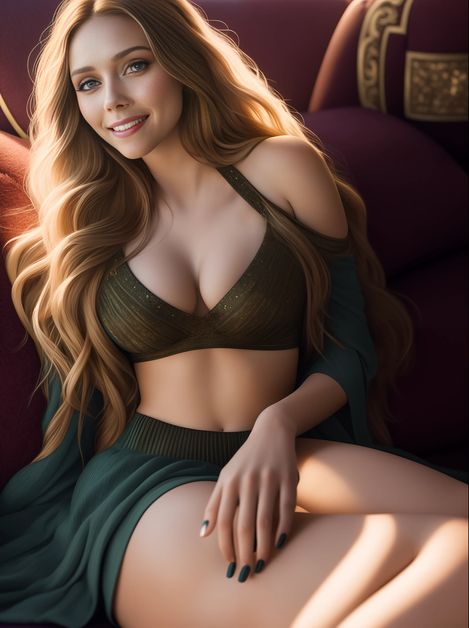 High-resolution photo of Elizabeth Olsen, a masterpiece. Solo shot of 1 girl, best quality, ultra-realistic. She has long golden hair, lying on the sofa, wearing an off-shoulder top and a tight skirt. The girl has a sexy figure, with a big bust and gorgeous curves. Sexy abs and belly button, with a pair of stunning legs and a large round butt. The woman in the photo is 30 years old, smiling foolishly and excitedly. The picture is in 4K with HDR. The authors are James C. Christensen with a weight of 1.2 and Jeremy Lipkin with a weight of 1.1.