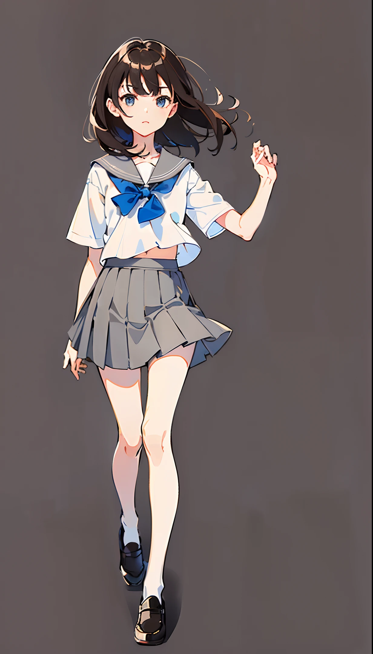 (no background, simple background, full body, upright, from the front:1.5), standing, masterpiece, best quality, 1girl, solo, detailed eyes, looking at viewer, (serafuku, short sleeve, white shirt, dark grey pleated skirt, dark brown loafers, white socks, black long hair, blue eyes:1.2)