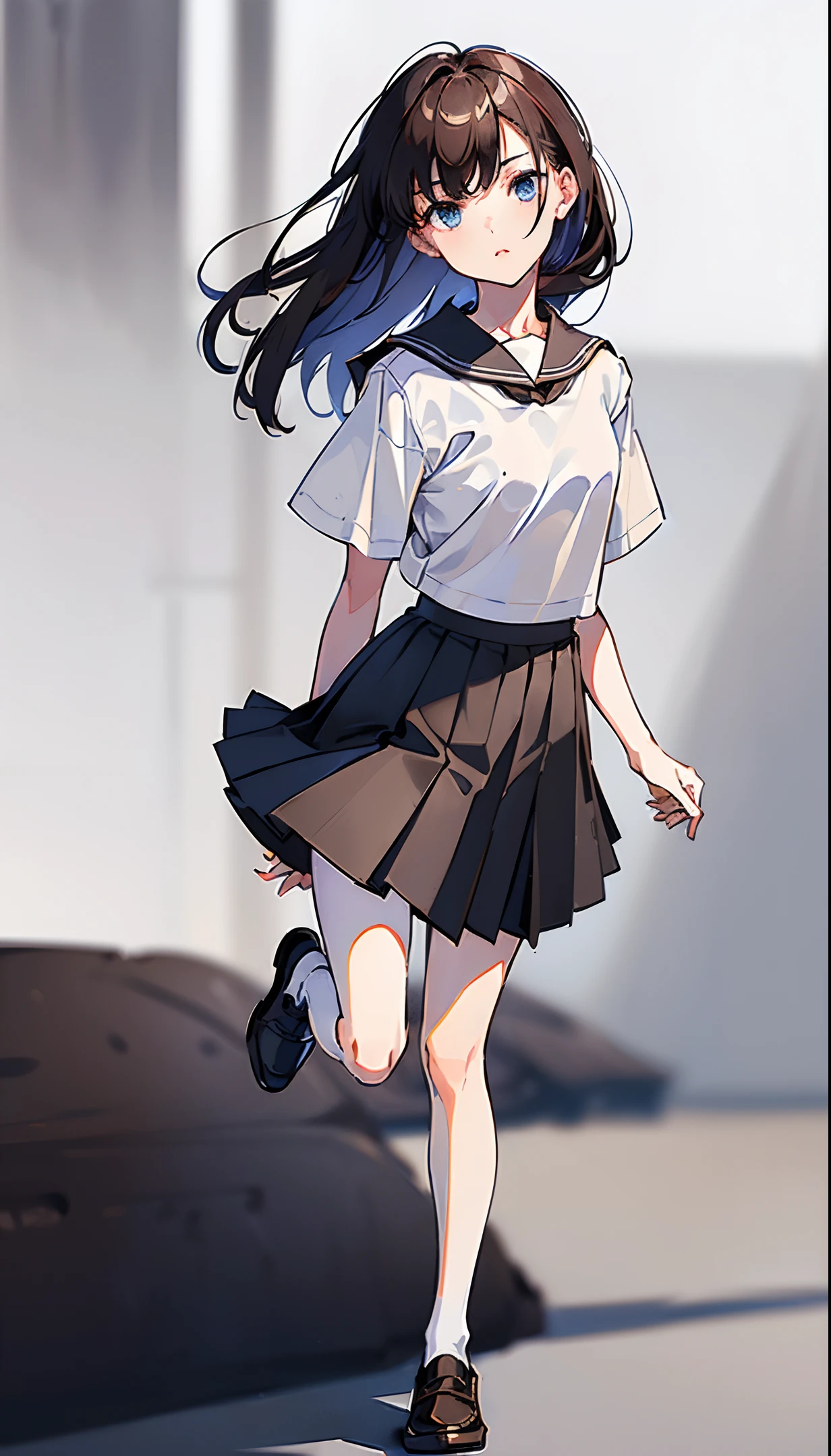 (no background, simple background, full body, upright, from the front:1.6), standing, masterpiece, best quality, 1girl, solo, detailed eyes, looking at viewer, (serafuku, short sleeve, white shirt, dark grey pleated skirt, dark brown loafers, white socks, black ponytail, blue eyes:1.2)