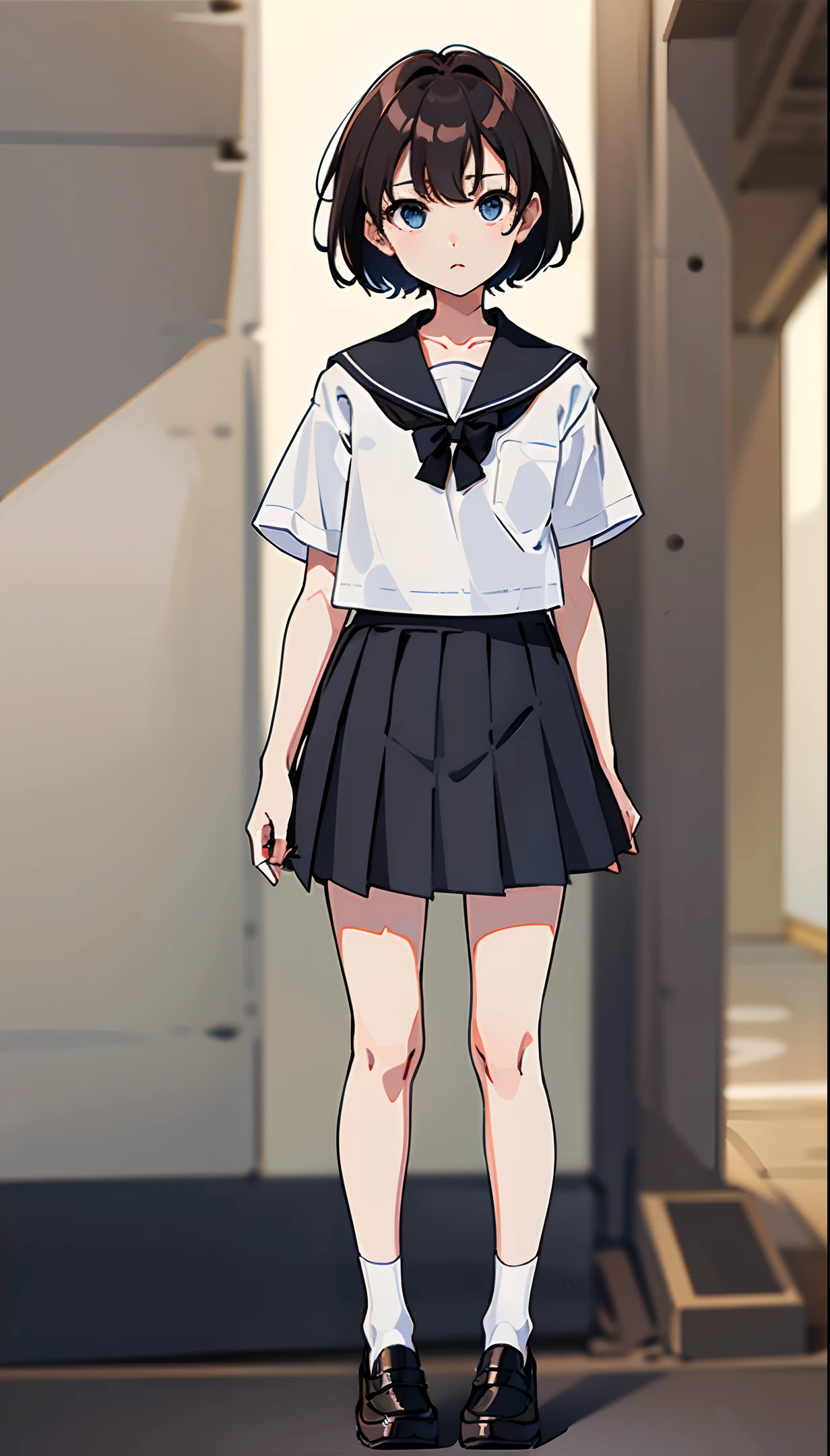 (no background, simple background, full body, upright, from the front:1.3), standing, masterpiece, best quality, 1girl, solo, detailed eyes, looking at viewer, (serafuku, short sleeve, white shirt, dark grey pleated skirt, dark brown loafers, white socks, black ponytail, blue eyes:1.2)