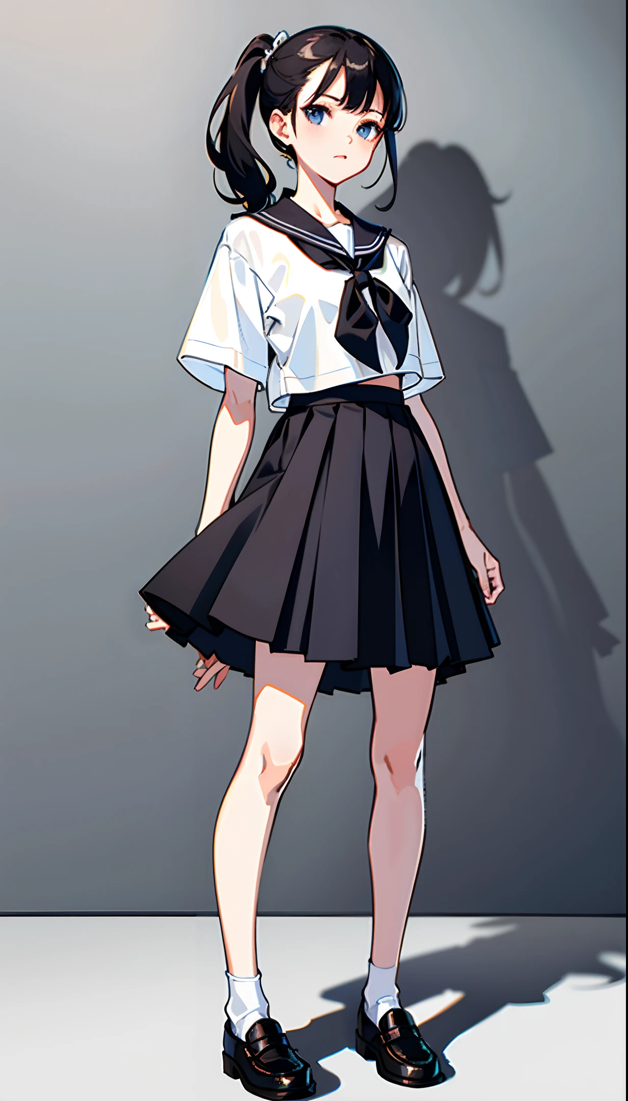 no background, simple background, upright, from the front, standing, full body, masterpiece, best quality, 1girl, solo, serafuku, dark grey pleated skirt, short sleeve, white shirt, dark brown loafers, white socks, ponytail, black hair, blue eyes, detailed eyes, looking at viewer