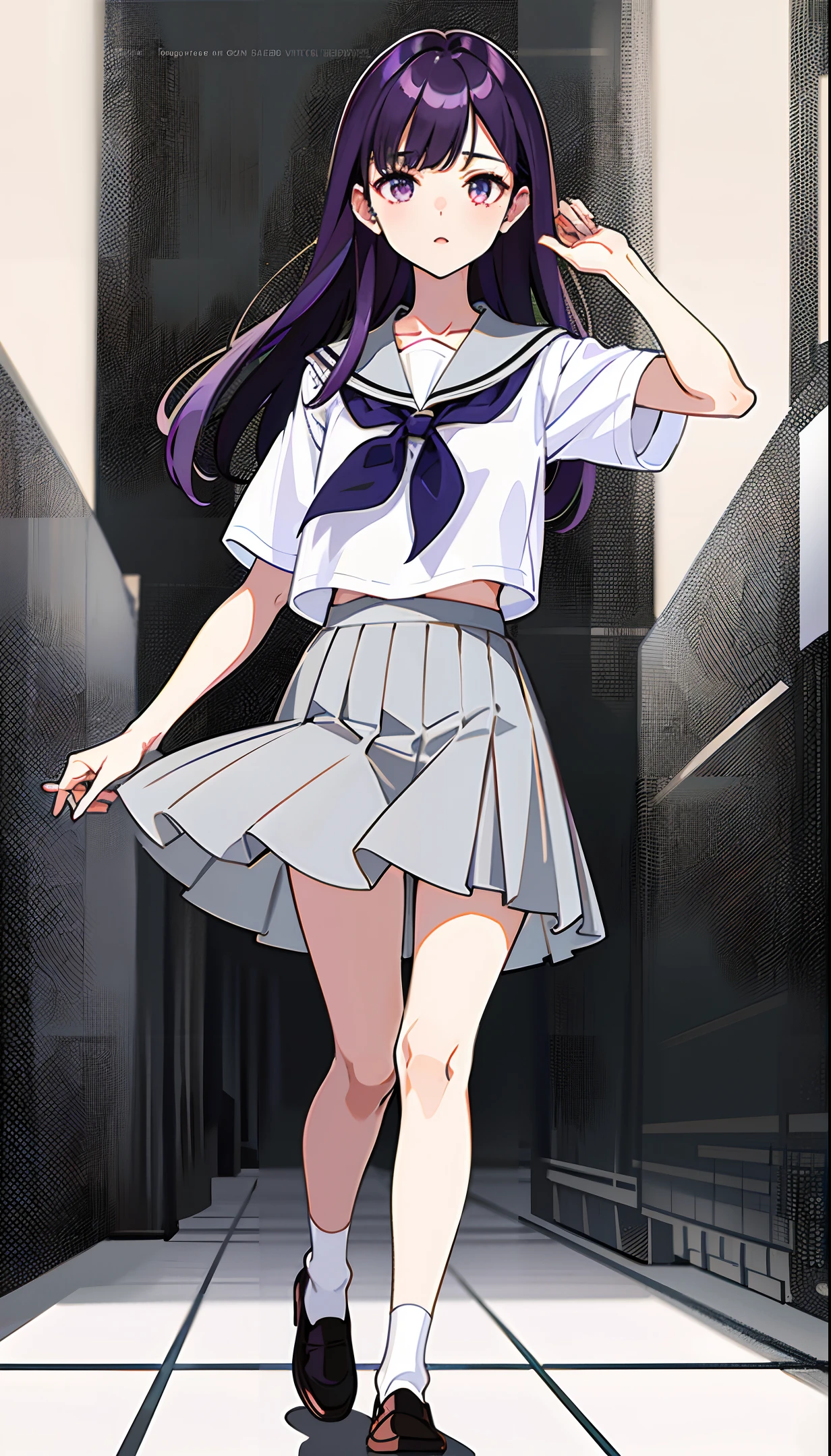 no background, simple background, upright, from the front, standing, full body, masterpiece, best quality, 1girl, solo, serafuku, dark grey pleated skirt, short sleeve, white shirt, dark brown loafers, white socks, straight long hair, no bangs, violet hair, orenge eyes, detailed eyes, looking at viewer
