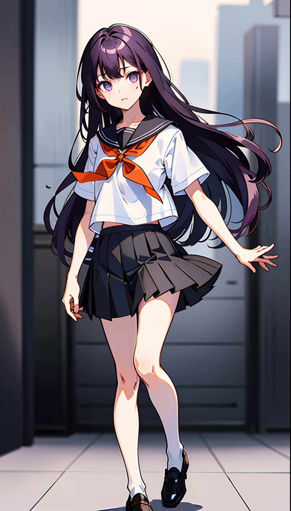 no background, simple background, upright, from the front, standing, full body, masterpiece, best quality, 1girl, solo, serafuku, dark grey pleated skirt, short sleeve, white shirt, dark brown loafers, black socks, straight long hair, one-length long, violet hair, orenge eyes, detailed eyes, looking at viewer