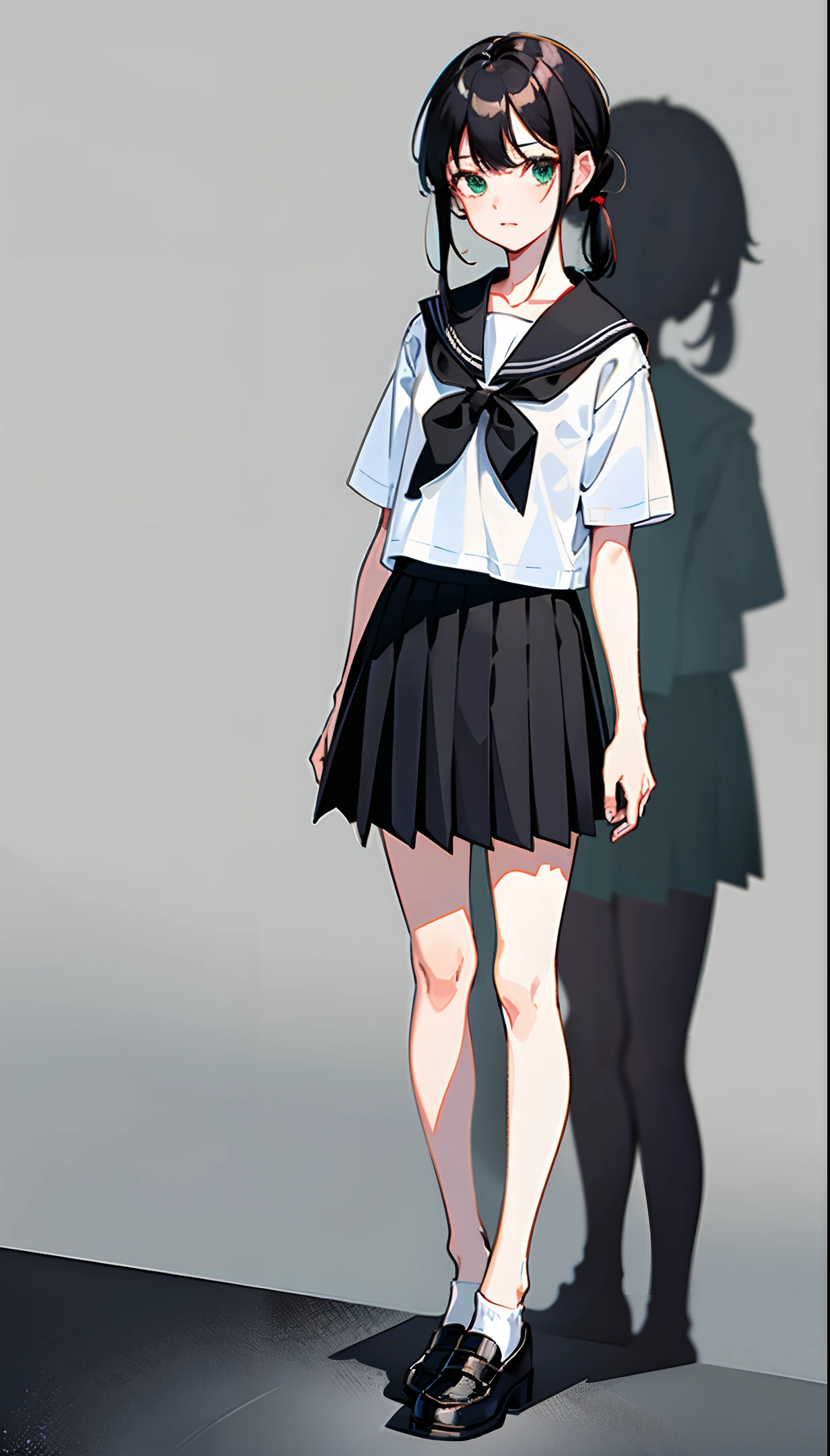 no background, simple background, upright, from the front, standing, full body, masterpiece, best quality, 1girl, solo, serafuku, dark grey pleated skirt, short sleeve, white shirt, dark brown loafers, black socks, pigtails hair, black hair, green eyes, detailed eyes, looking at viewer
