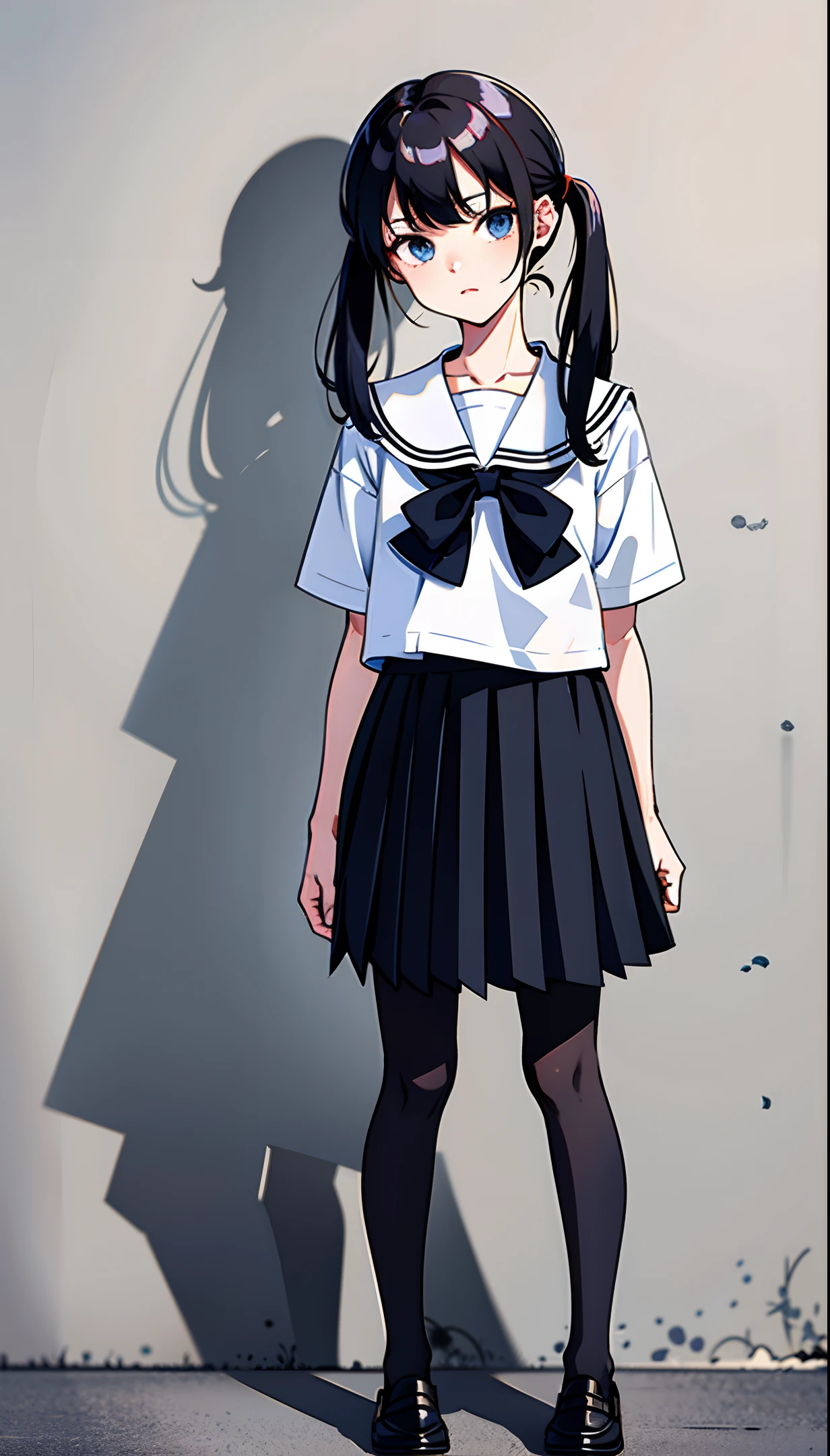 no background, simple background, upright, from the front, standing, full body, masterpiece, best quality, 1girl, solo, serafuku, dark grey pleated skirt, short sleeve, white shirt, dark brown loafers, black socks, pigtails hair, black hair, blue eyes, detailed eyes, looking at viewer