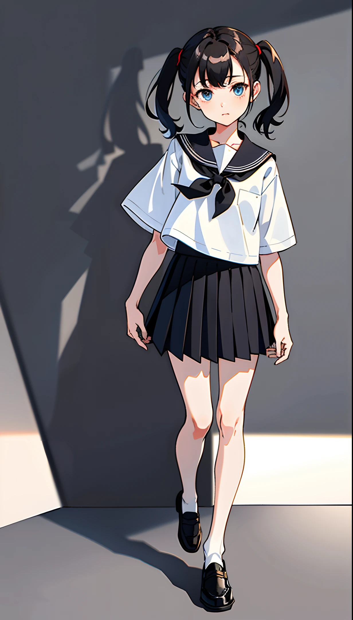 no background, simple background, upright, from the front, standing, full body, masterpiece, best quality, 1girl, solo, serafuku, dark grey pleated skirt, short sleeve, white shirt, dark brown loafers, black socks, pigtails hair, black hair, blue eyes, detailed eyes, looking at viewer
