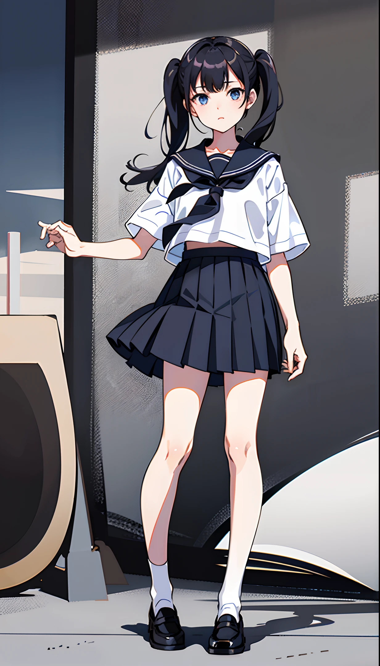 no background, simple background, upright, from the front, standing, full body, masterpiece, best quality, 1girl, solo, serafuku, dark grey pleated skirt, short sleeve, white shirt, dark brown loafers, white socks, twin tail hair, black hair, blue eyes, detailed eyes, looking at viewer