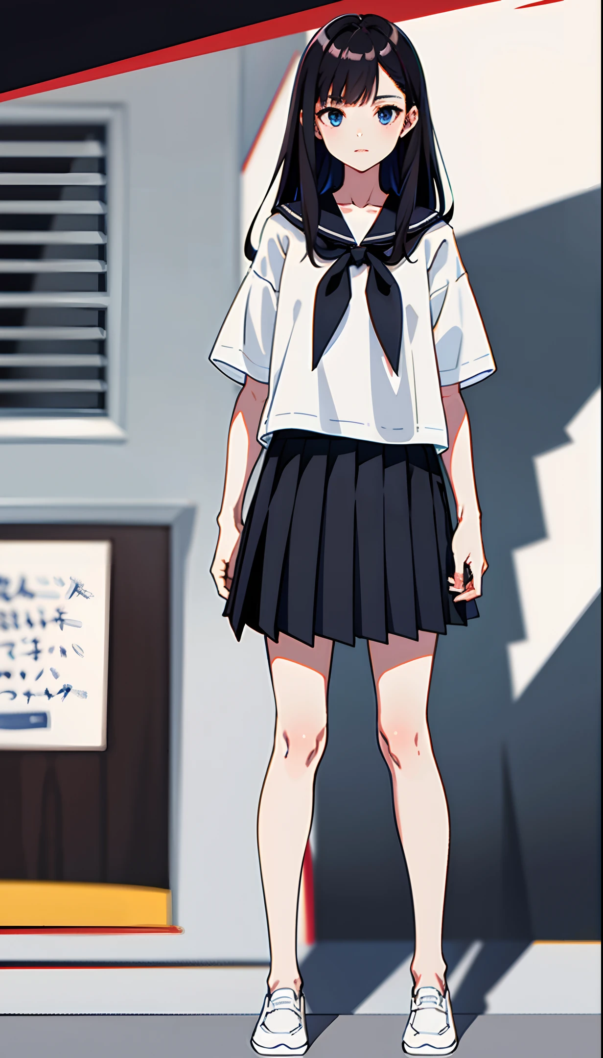 no background, simple background, upright, from the front, standing, full body, masterpiece, best quality, 1girl, solo, serafuku, dark grey pleated skirt, short sleeve, white shirt, dark brown loafers, white socks, hoodie, black hair, blue eyes, detailed eyes, looking at viewer