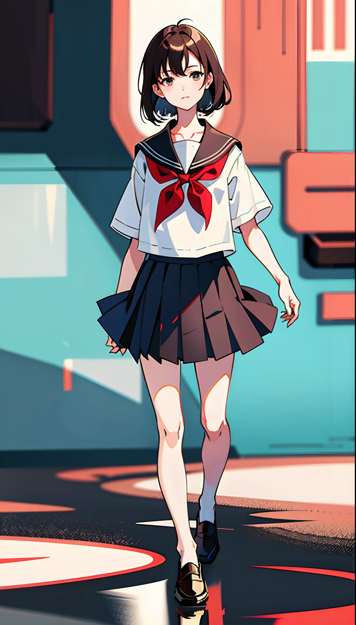 no background, simple background, upright, from the front, standing, full body, masterpiece, best quality, 1girl, solo, serafuku, pleated skirt, short sleeve, white shirt, dark brown loafers, detailed eyes, looking at viewer