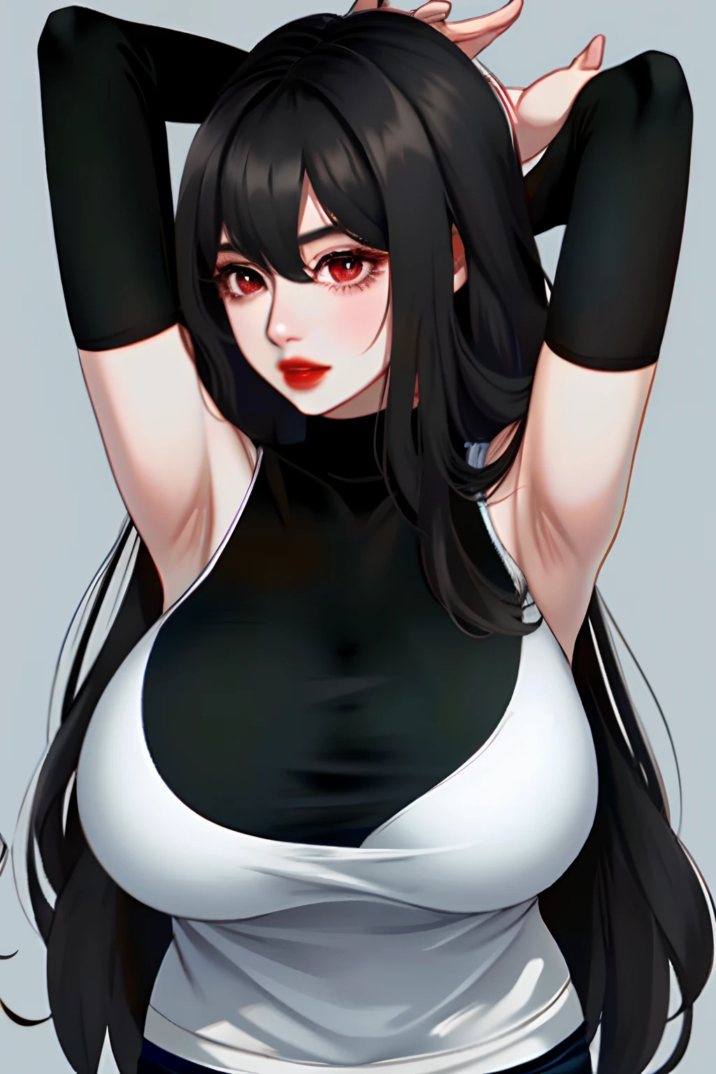 girl, bangs, bare shoulders, black pants, breasts, breasts squeezed together, grey background, hair between eyes, huge breasts, long hair, looking at viewer, pants, parted lips, red eyes, shirt, simple background, sleeveless, sleeveless shirt, solo, turtleneck, v arms, white hair,(shiny skin),(masterpiece:1.4),(best quality:1.4),mature female,fashi-girl,red lips