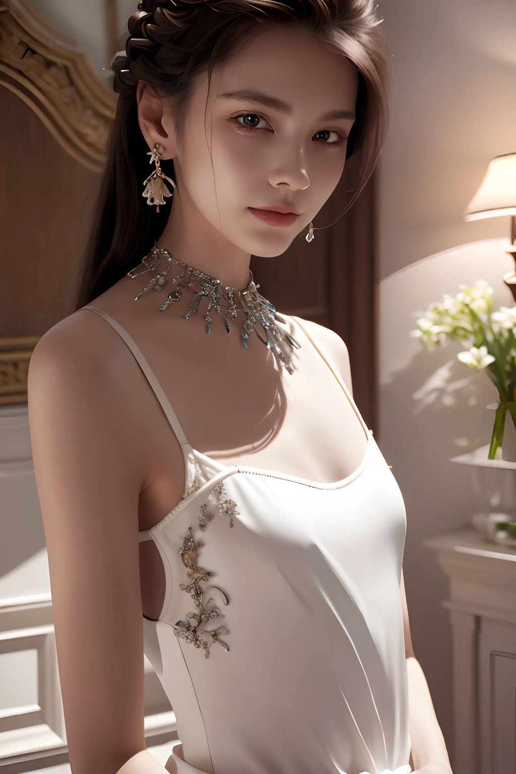 (best quality, masterpiece:1.2), photorealistic, ultra high res, front lighting, intricate detail, Exquisite details and textures, 1girl, (young), face highlight, upper body, detailed face, tear mole, white skin, silver hair, ponytail, braid hair, looking at viewer, big eyes, sun dress, slip dress, (hollow pattern, white, silk), earrings, small breasts, slim body, luxury room, royal palace, professional lighting, photon mapping, radiosity, physically-based rendering,