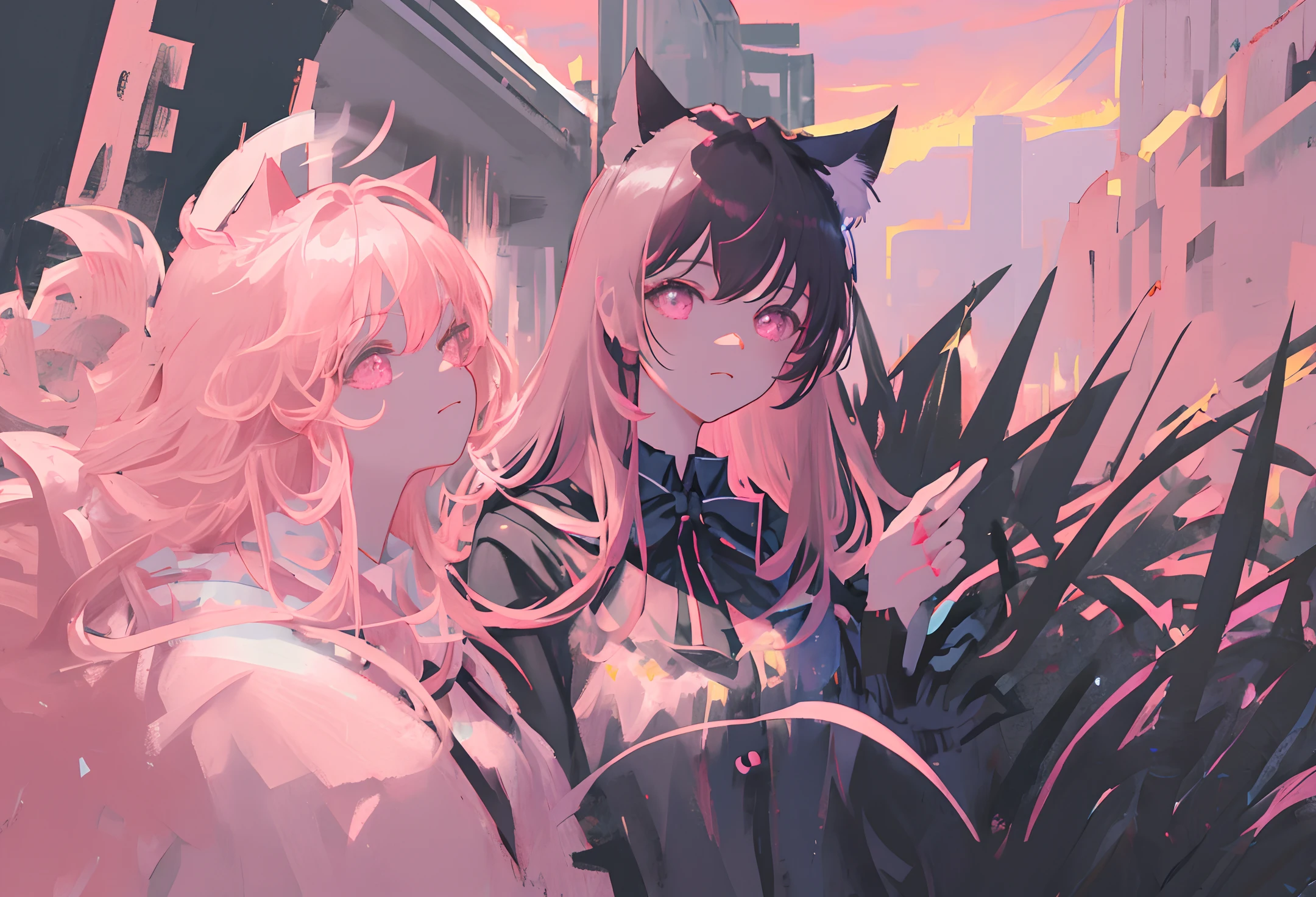 (best illustration, masterpiece) high resolution, close-up, soft skin,
[(cat ears, black fur, pink inside:1.2), (night sky):1.3]