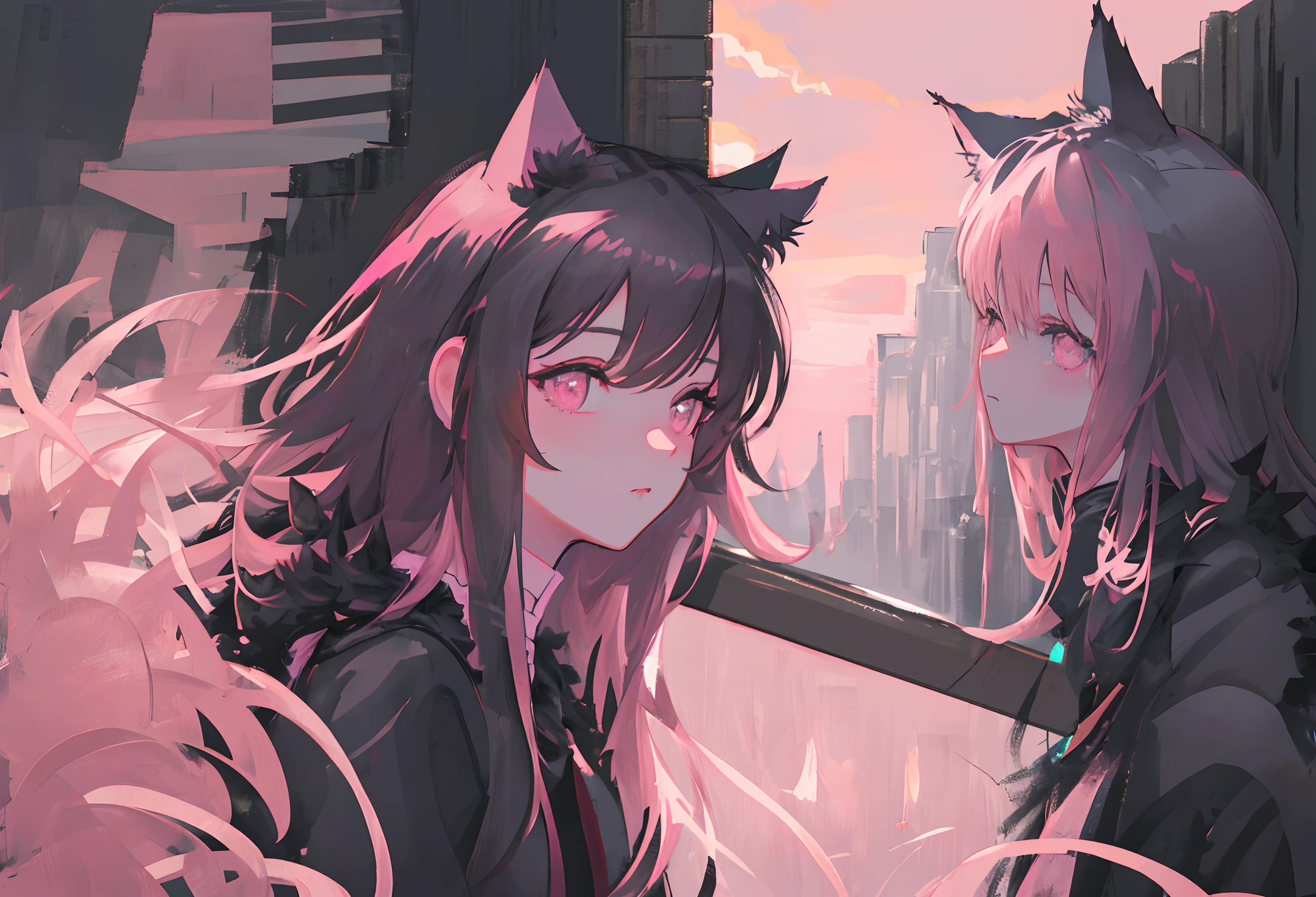 (best illustration, masterpiece) high resolution, close-up, soft skin,
[(cat ears, black fur, pink inside:1.2), (night sky):1.3]