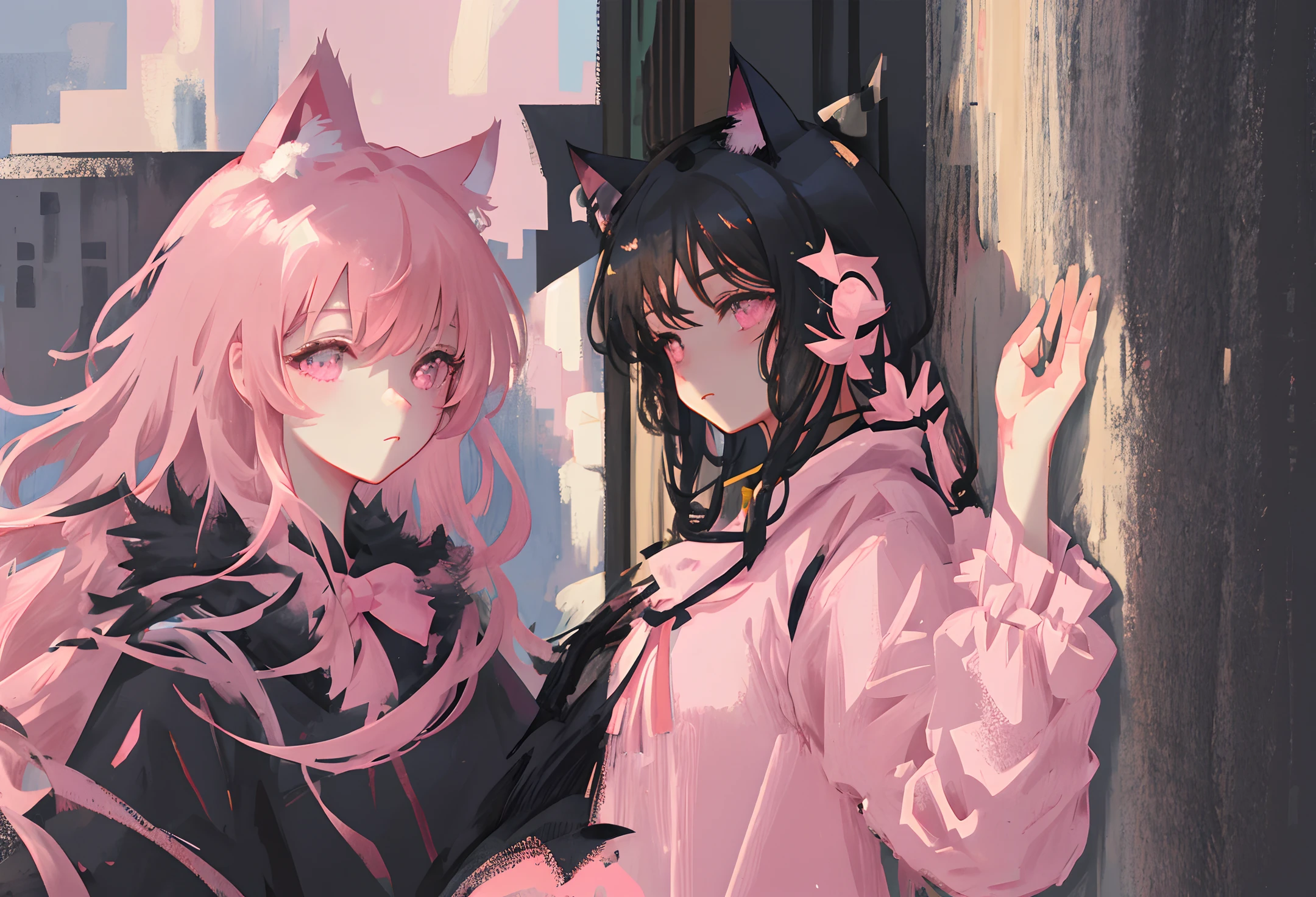 (best illustration, masterpiece) high resolution, close-up, soft skin,
[(cat ears, black fur, pink inside:1.2), (press on the wall):1.3]
