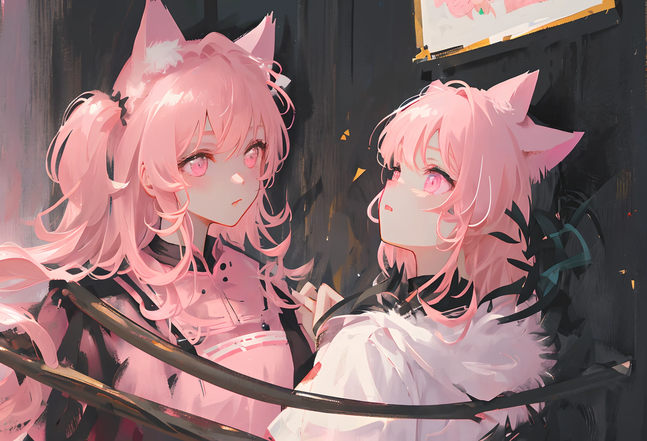 (best illustration, masterpiece) high resolution, close-up, soft skin,
[(cat ears, black fur, pink inside:1.2), (got press on the wall):1.3]