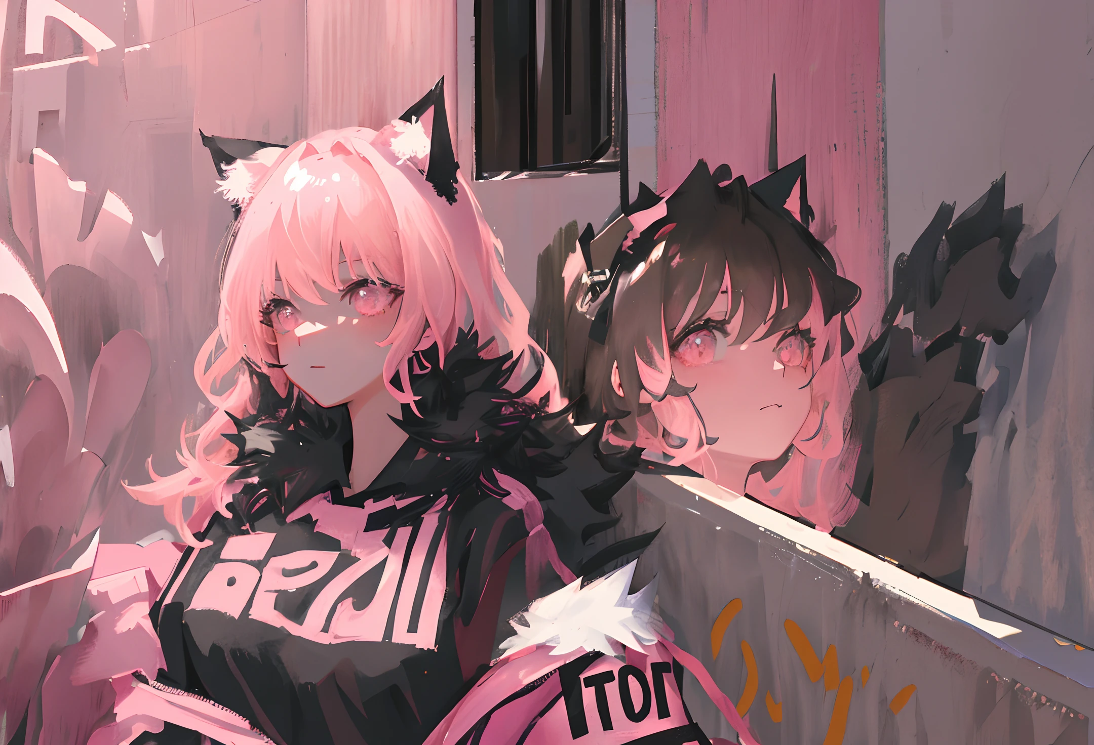(best illustration, masterpiece) high resolution, close-up, soft skin,
[(cat ears, black fur, pink inside:1.2), (got press on the wall):1.3]