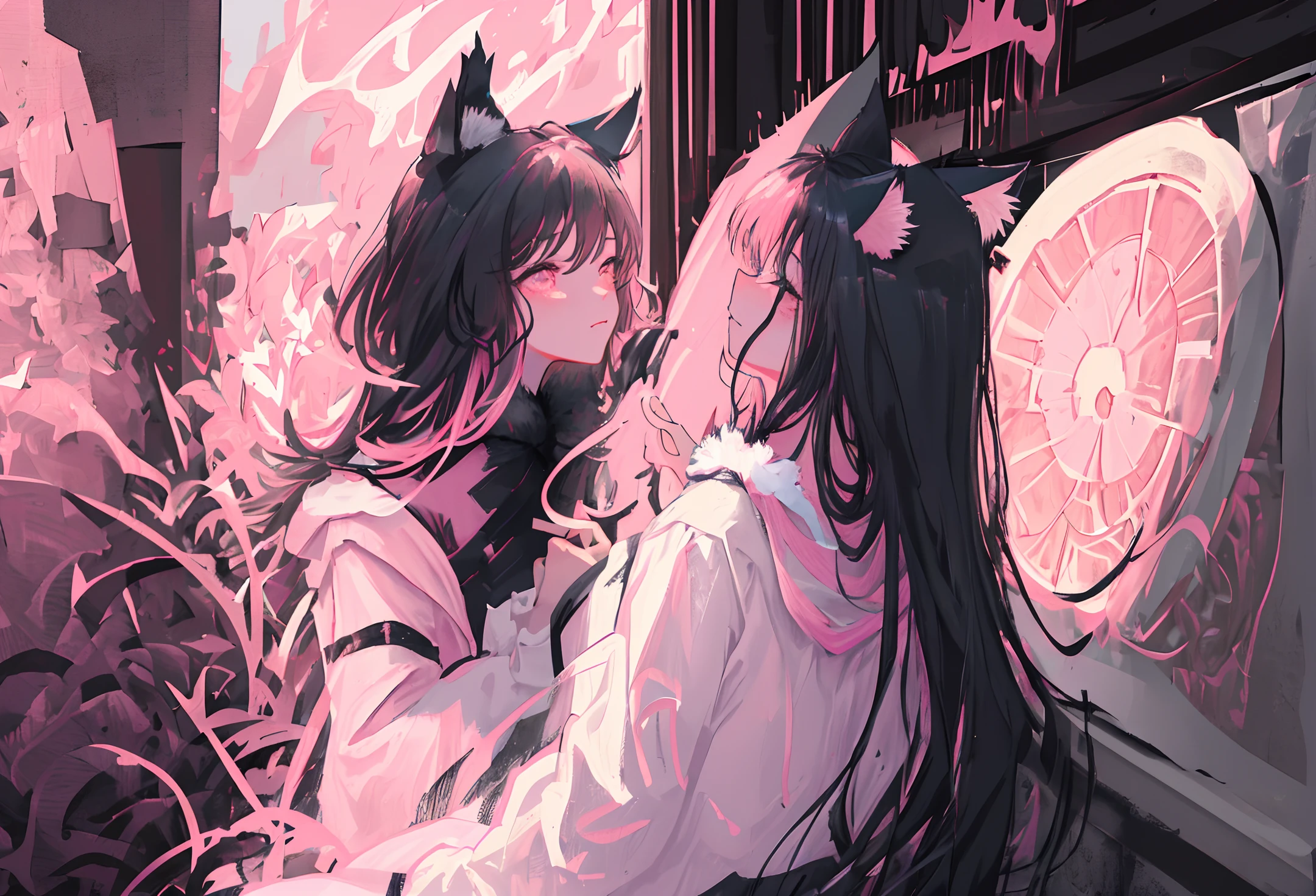 "Create a (best illustration, masterpiece) artwork that features soft, flawless skin in stunning high resolution and close-up detail. Incorporate (cat ears, black fur, with pink inside:1.2) and add a touch of intensity with one of them being pressed against the wall, emphasizing the erotic energy:1.3."