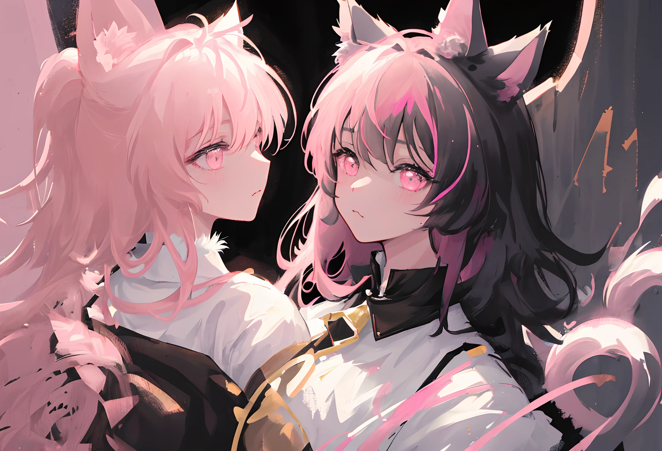 "Create a (best illustration, masterpiece) artwork that features soft, flawless skin in stunning high resolution and close-up detail. Incorporate (cat ears, black fur, with pink inside:1.2) and add a touch of intensity with one of them being pressed against the wall, emphasizing the erotic energy:1.3."