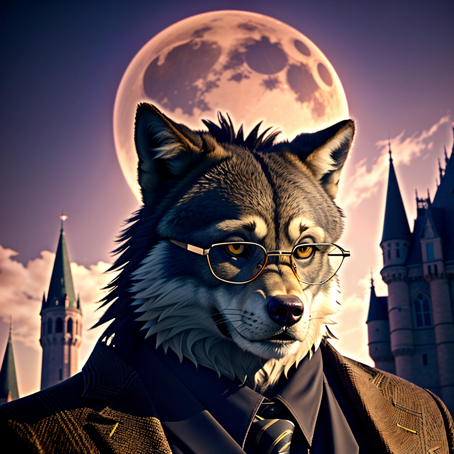 Beautifully dressed werewolf with glasses followed by wolves, red moon in the sky, high detail, castle, masterpiece, (HDR) (wallpaper) (film lighting) (clear focus), masterpiece, best quality (extremely detailed CG Unity 8k wallpapers), (best quality)