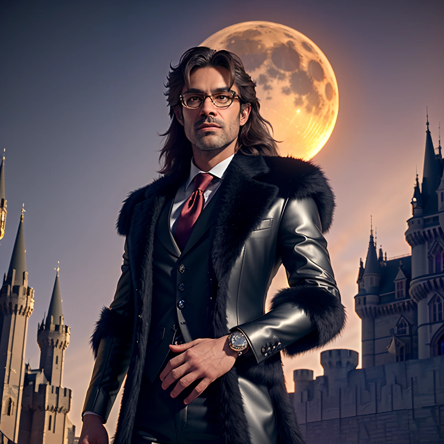 A beautifully dressed werewolf with glasses, followed by wolves, red moon in the sky, high detail, castle, masterpiece, (HDR) (wallpaper) (film lighting) (clear focus), masterpiece, best quality, (extremely detailed CG Unity 8k wallpapers), (best quality) 