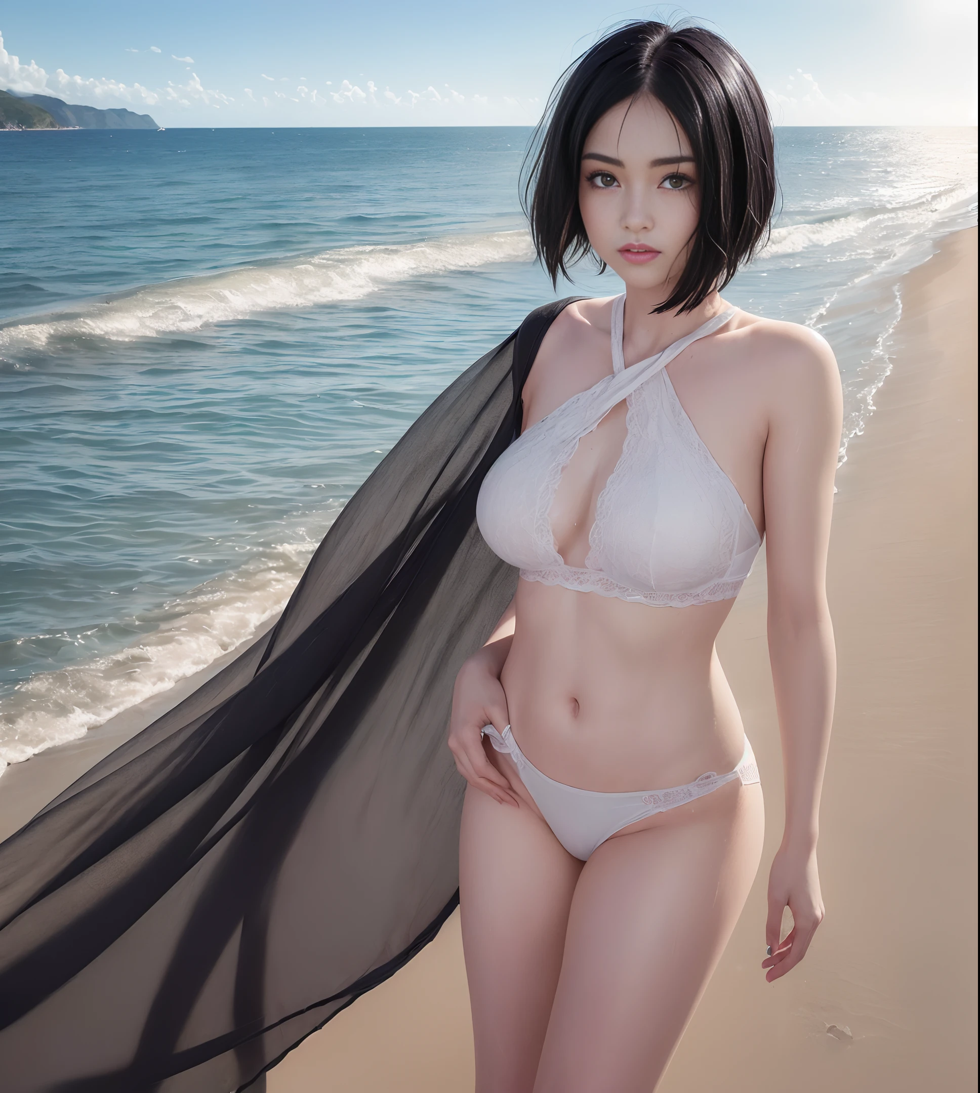 (RAW photo, best quality), (realistic, photo-realistic:1.3), masterpiece, an extremely delicate and beautiful, extremely detailed, CG, unity , Amazing, finely detail, light smile, extremely detailed CG unity 8k wallpaper, huge filesize, ultra-detailed, highres, absurdres, soft light, (((medium hair:1.3), floating hair novafrogstyle)), beautiful detailed girl, detailed fingers, extremely detailed eyes and face, beautiful detailed nose, beautiful detailed eyes, long eyelashes, light on face, looking at viewer, (closed mouth:1.2), ((1girl, solo)), cute, young, mature face, (full body:1.3), ((small breasts)), realistic face, realistic body, beautiful detailed thigh, swimsuit, (((in beach, sea ultra detailed,  visible sky, visible sun))), (black hair, short hair:1.5), ((sweaty, wet clothes, visible legs, big ass))

