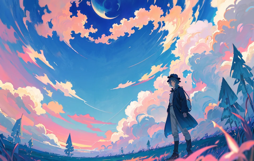 anime, a man in a hat and a jacket standing in a field, dreamy psychedelic anime, anime aesthetic, beautifull puffy clouds. anime, dreamy illustration, anime sky, cosmic skies. by makoto shinkai, lofi artstyle, anime clouds, anime asthetic, makoto shinkai cyril rolando, beautiful aesthetic art, lofi art, anime background.