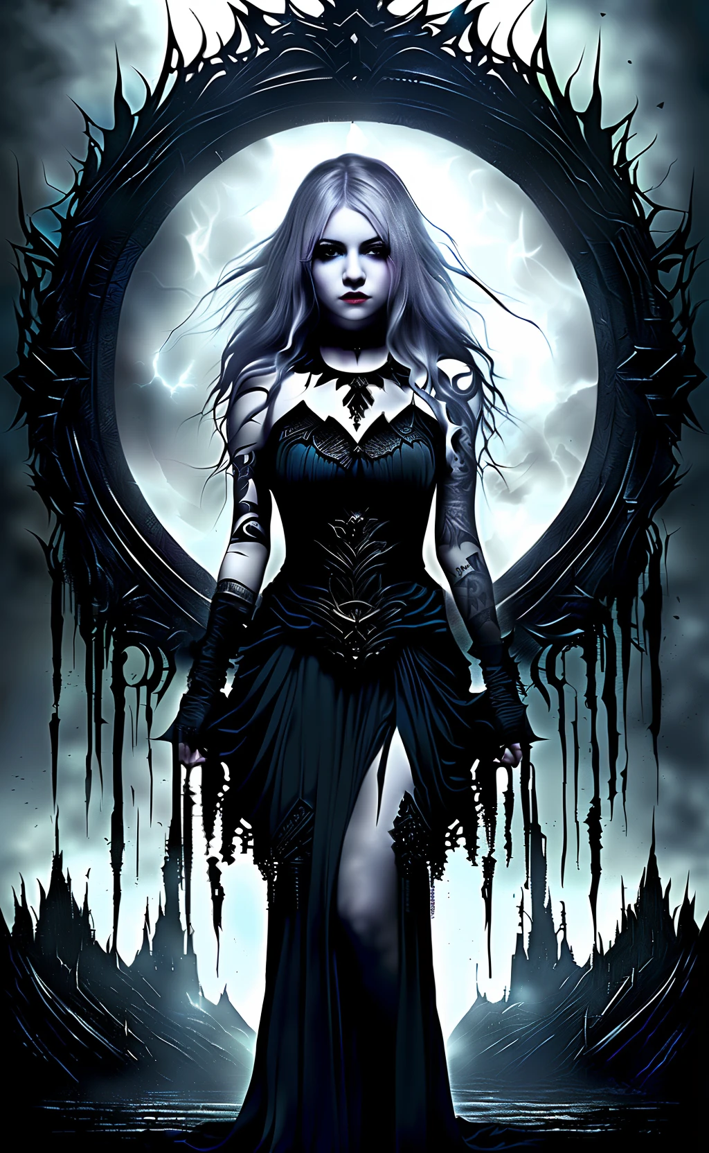 dark fantasy theme, mystical, zoomed, Dark theme, underworld theme, deviant art masterpiece, a pale girl on a dark throne, crimson eyes, grey hair, dark dress, dark tattoos, colour grading, dark illustration, extreme quality, extremely detailed