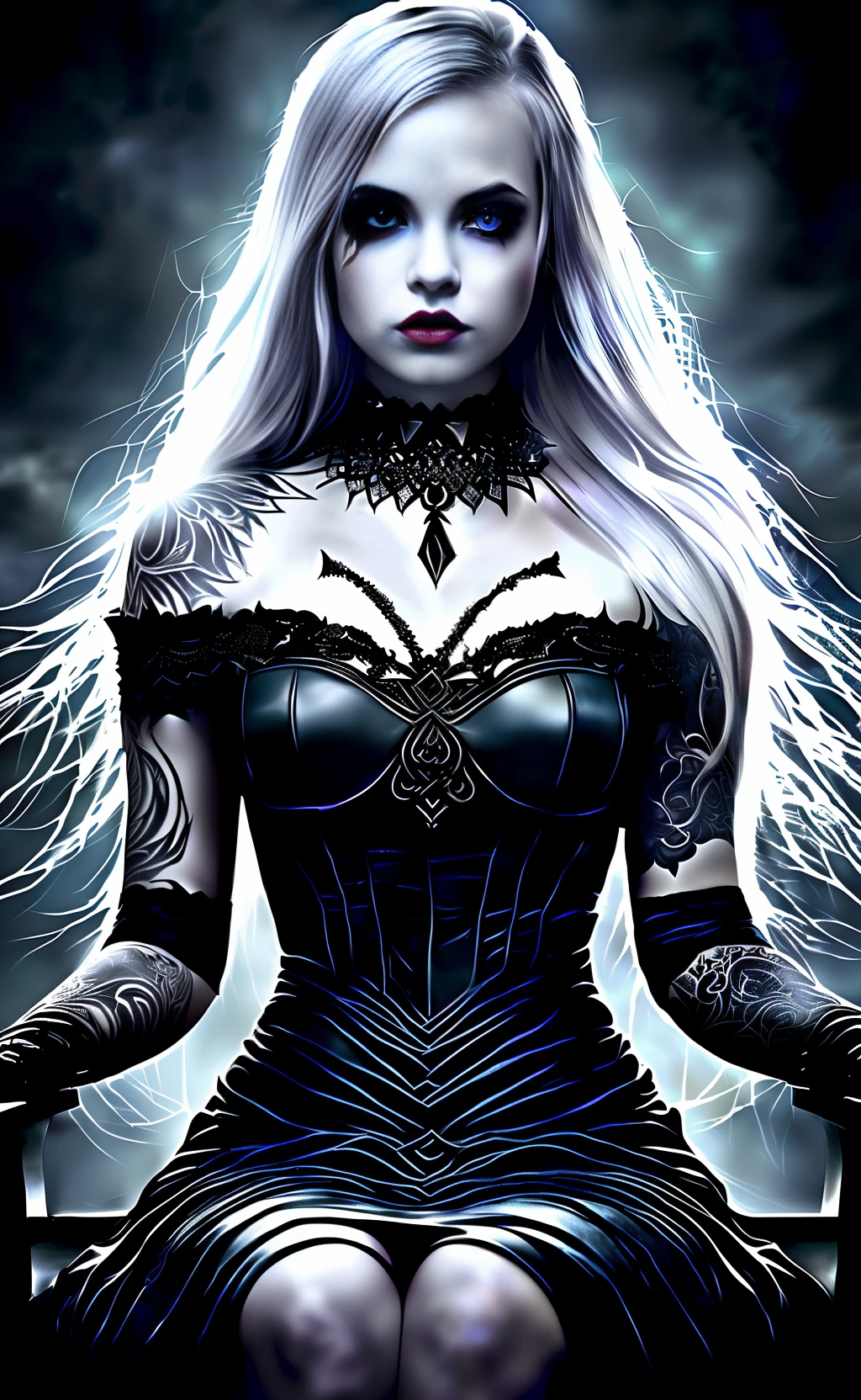 dark fantasy theme, mystical, zoomed, Dark theme, underworld theme, deviant art masterpiece, a pale girl on a dark throne, crimson eyes, grey hair, dark dress, dark tattoos, colour grading, dark illustration, extreme quality, extremely detailed
