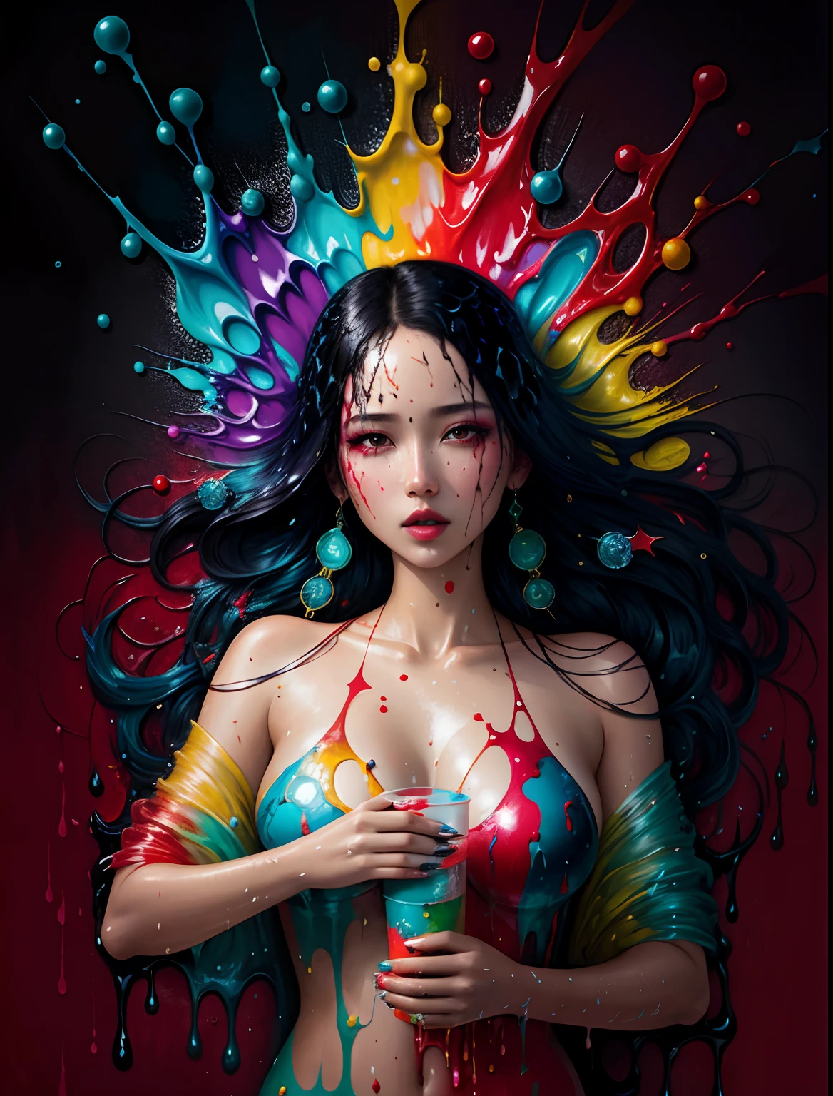 A beautiful female super model, mixed media, wet paint, Jewel bug, color background, flowing liquid color down her face, shot by ZHANG JINGNA