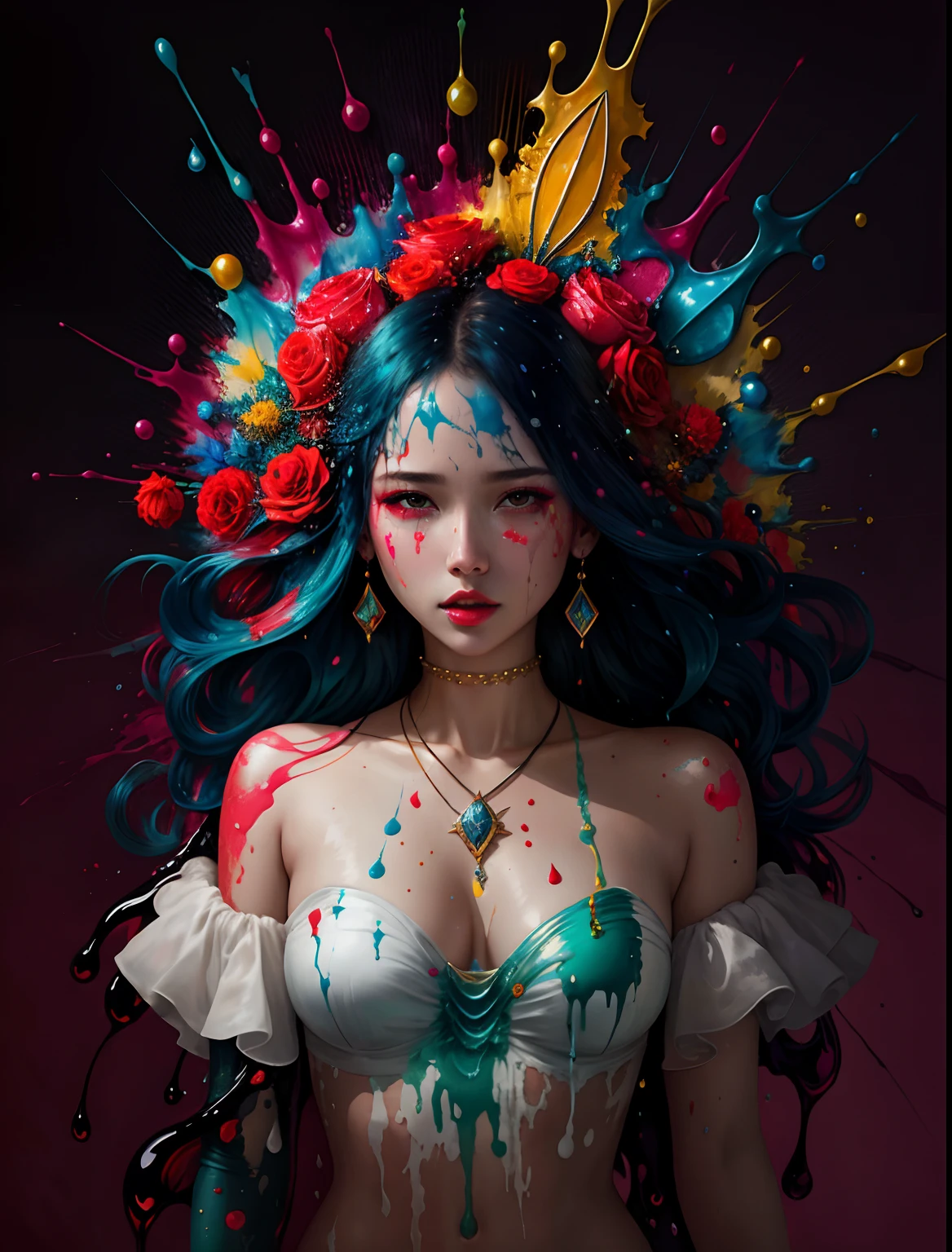 A beautiful female super model, mixed media, wet paint, Jewel bug, color background, flowing liquid color down her face, shot by ZHANG JINGNA
